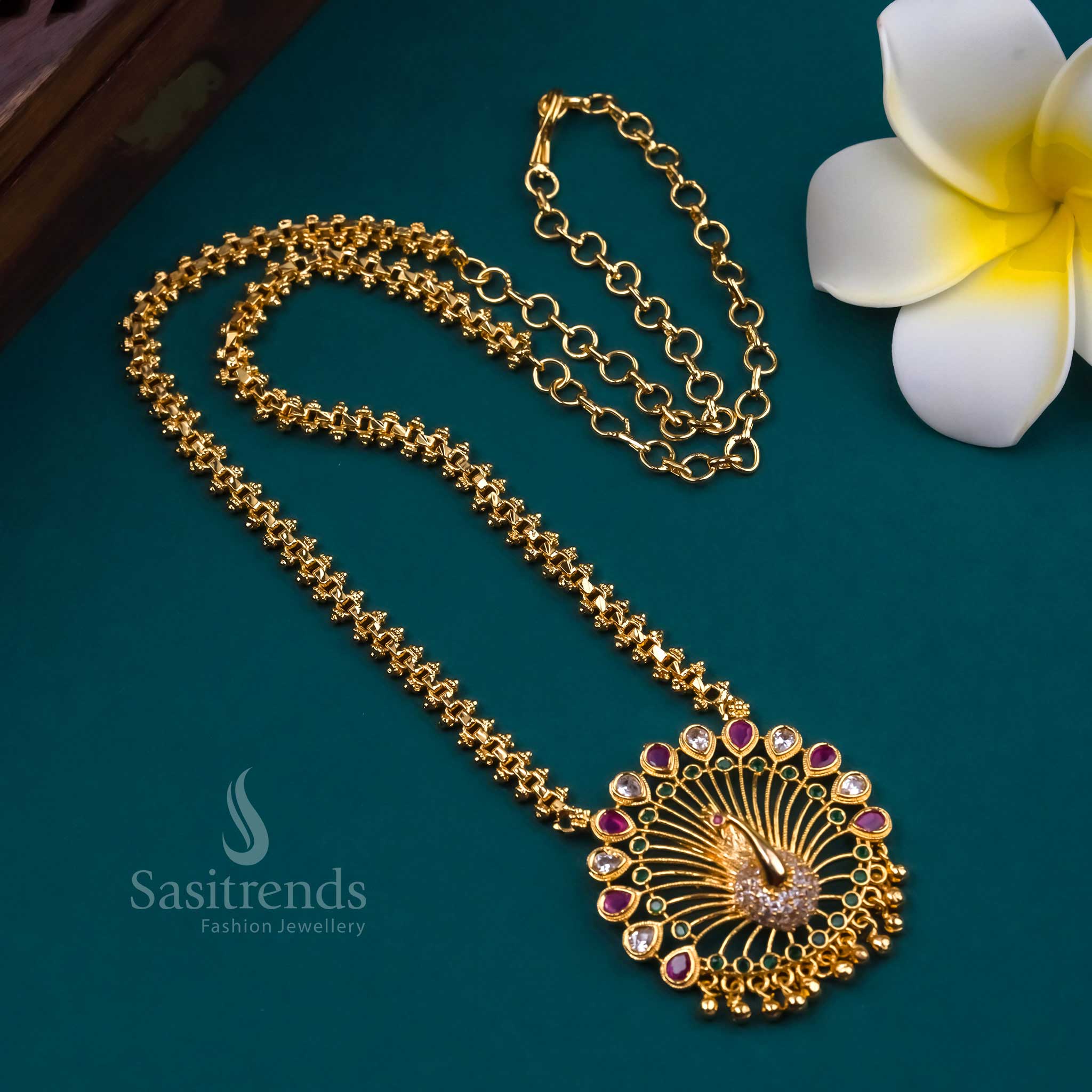 Traditional Micro Gold Plated Gajiri Necklace with Peacock Pendant and AD Stones - Latest Trend | Sasitrends - Image 3