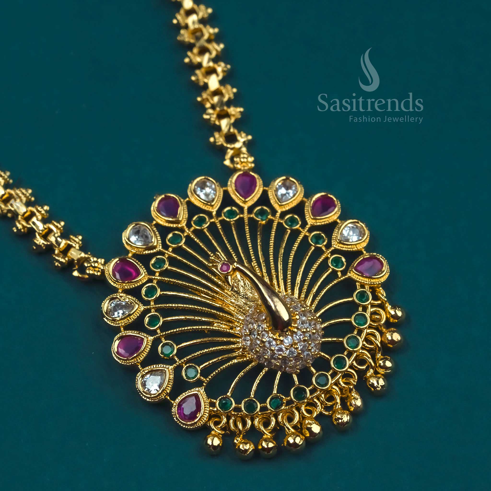 Traditional Micro Gold Plated Gajiri Necklace with Peacock Pendant and AD Stones - Latest Trend | Sasitrends - Image 4