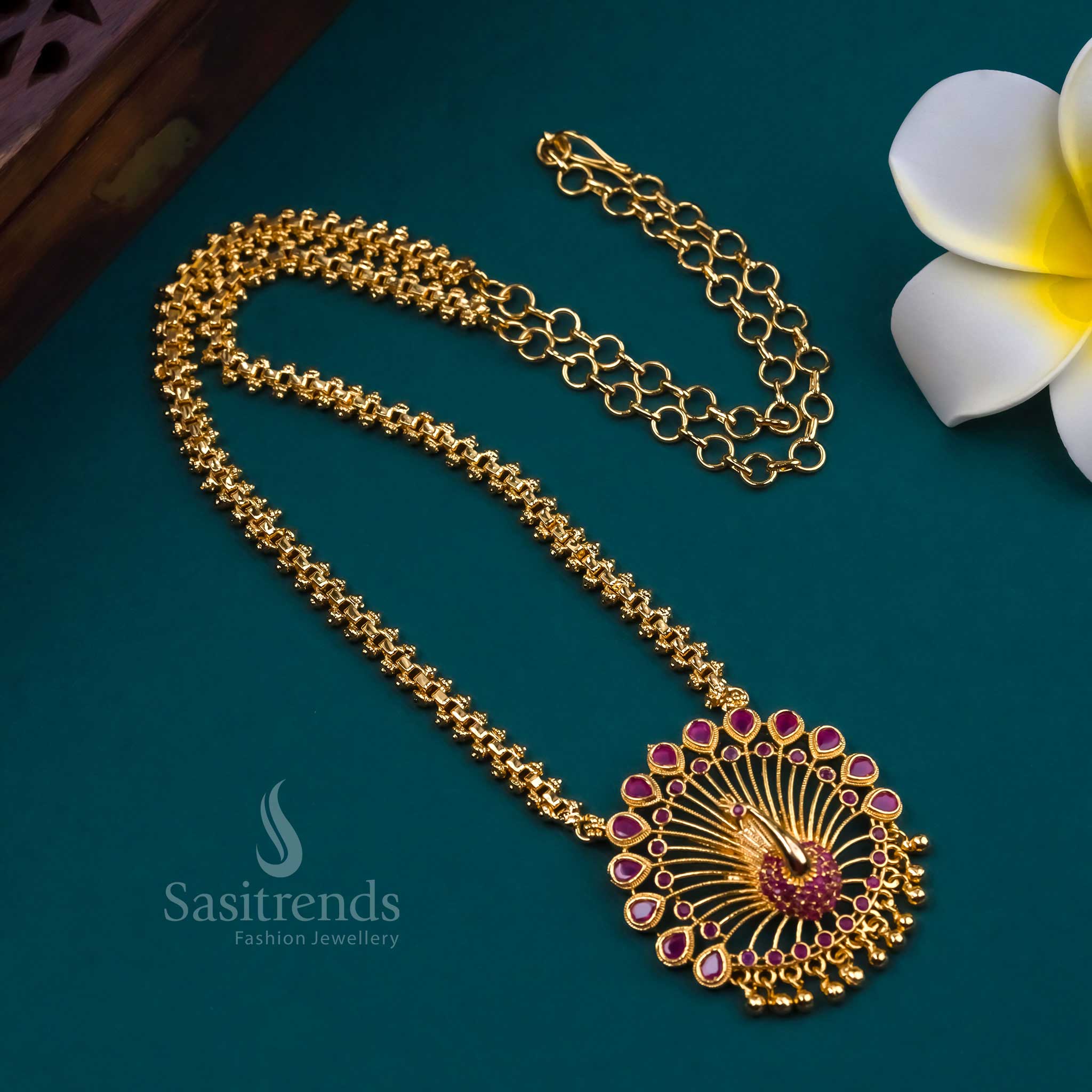 Traditional Micro Gold Plated Gajiri Necklace with Peacock Pendant and AD Stones - Latest Trend | Sasitrends - Image 5