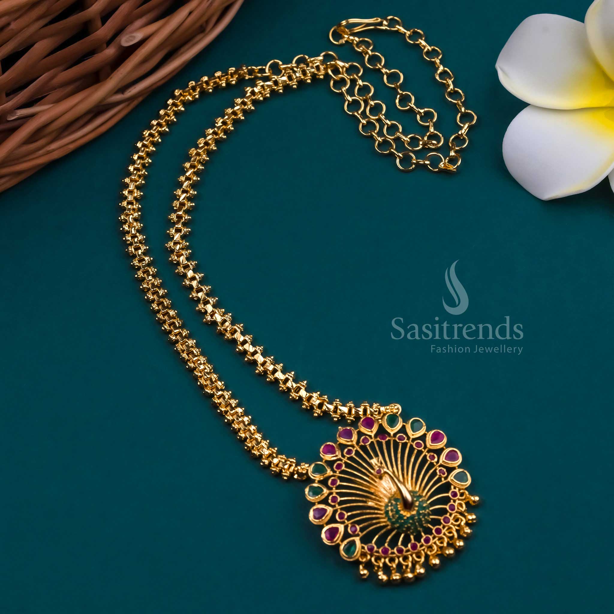 Traditional Micro Gold Plated Gajiri Necklace with Peacock Pendant and AD Stones - Latest Trend | Sasitrends - Image 7