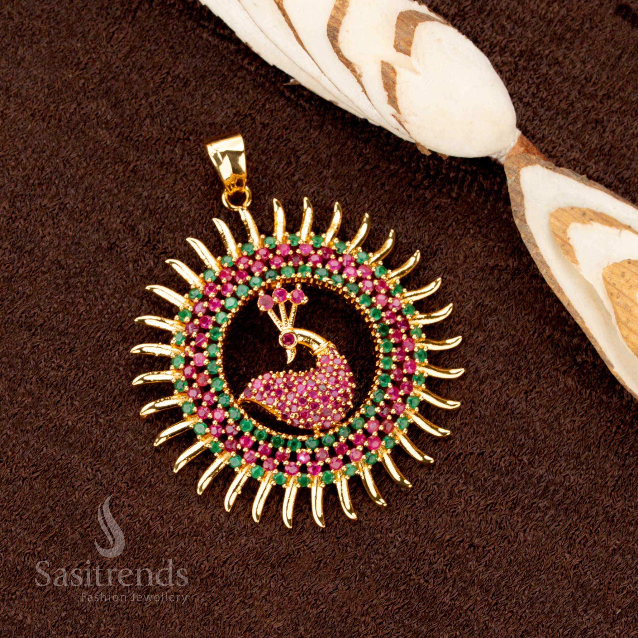 Wonderful Collections Of Micro Gold Plated AD Stone Studded Peacock Pendant with Dual Hook Holes for Easy Attachment – Traditional & Festive Jewellery - Sasitrends - Image 4