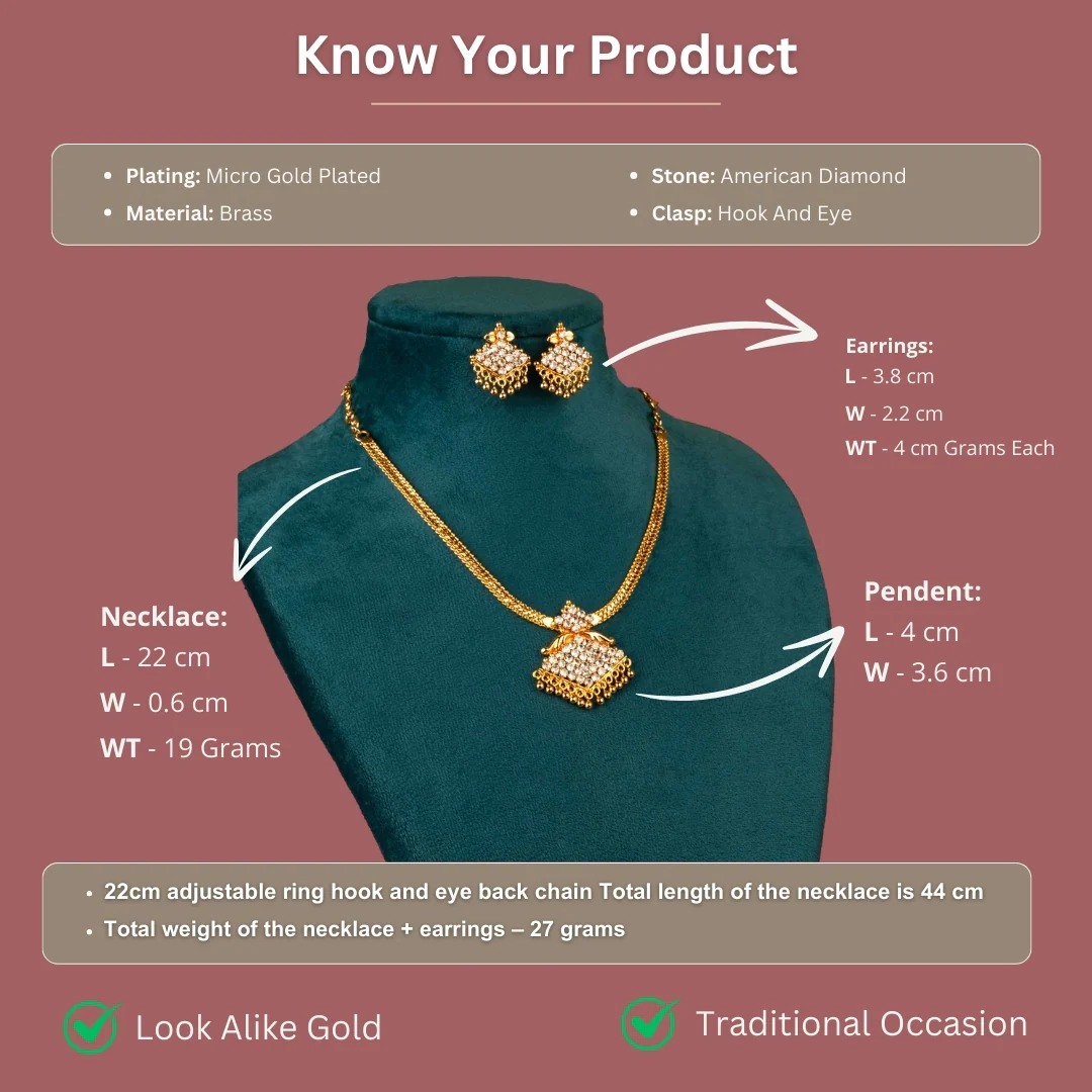 Latest Kerala Style Micro Gold Plated Floral Pendant Necklace Jewellery Set with Guarantee – Traditional Elegance - Image 3