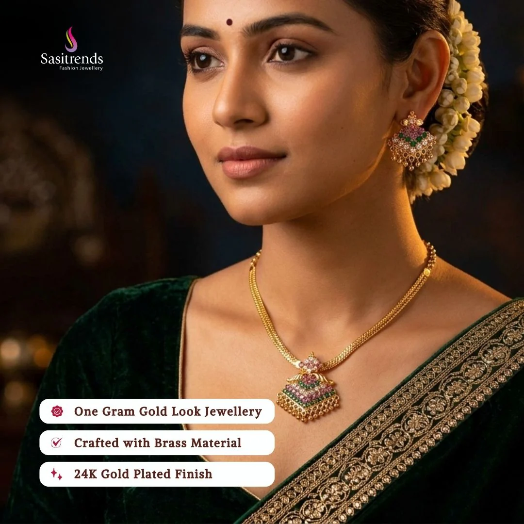 Latest Kerala Style Micro Gold Plated Floral Pendant Necklace Jewellery Set with Guarantee – Traditional Elegance - Image 4