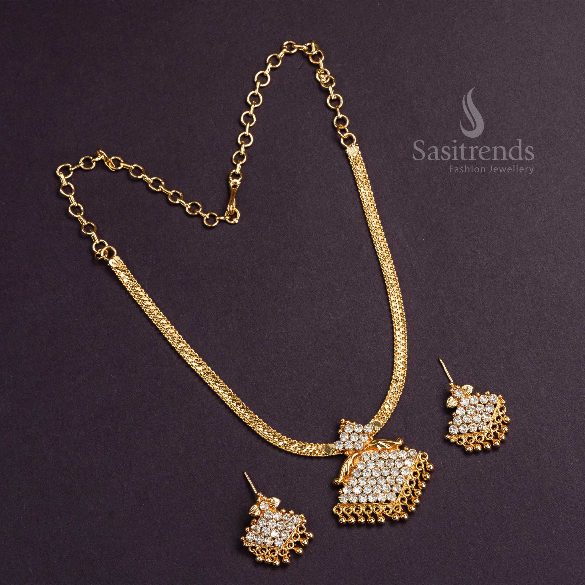Latest Kerala Style Micro Gold Plated Floral Pendant Necklace Jewellery Set with Guarantee – Traditional Elegance - Image 6