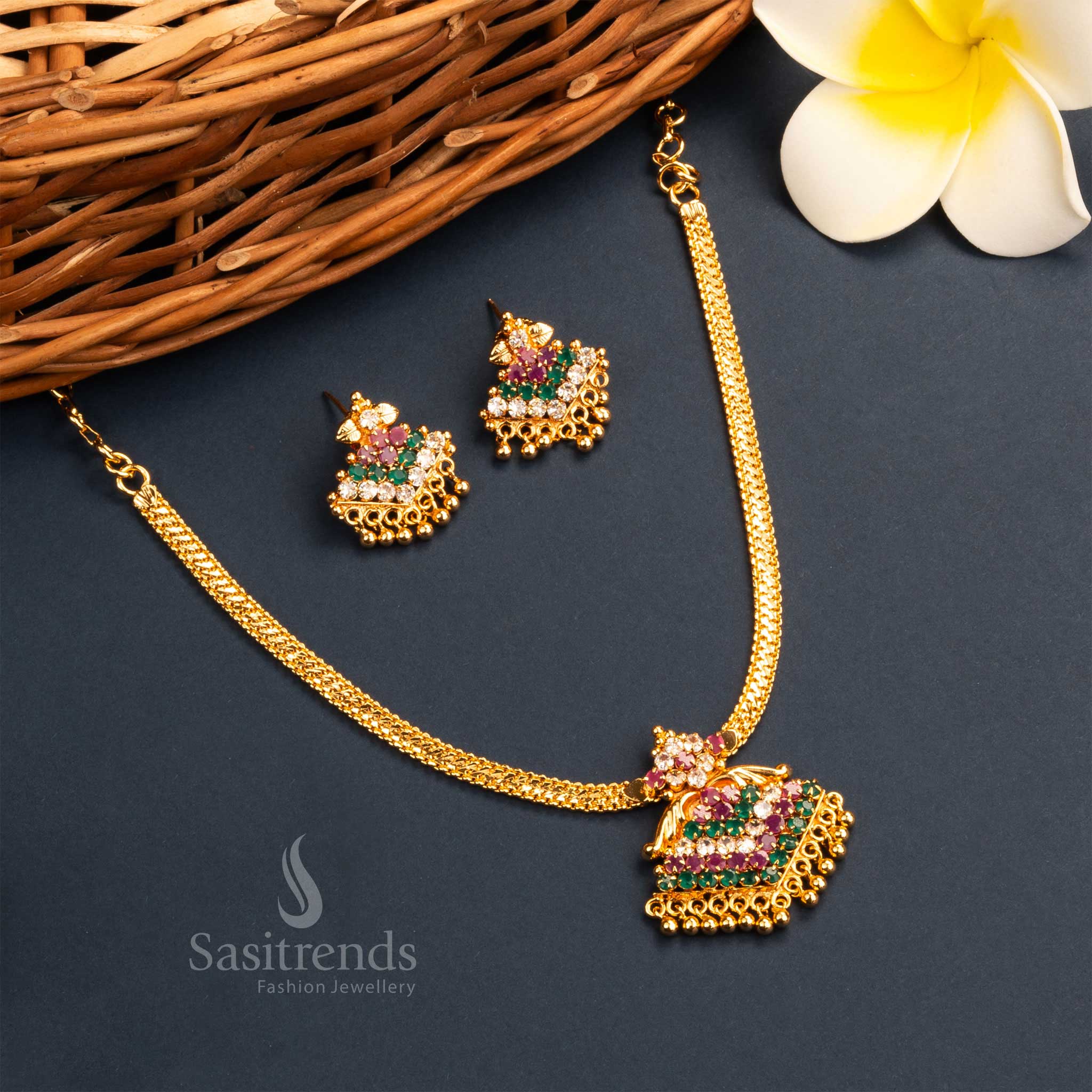 Latest Kerala Style Micro Gold Plated Floral Pendant Necklace Jewellery Set with Guarantee – Traditional Elegance - Image 9