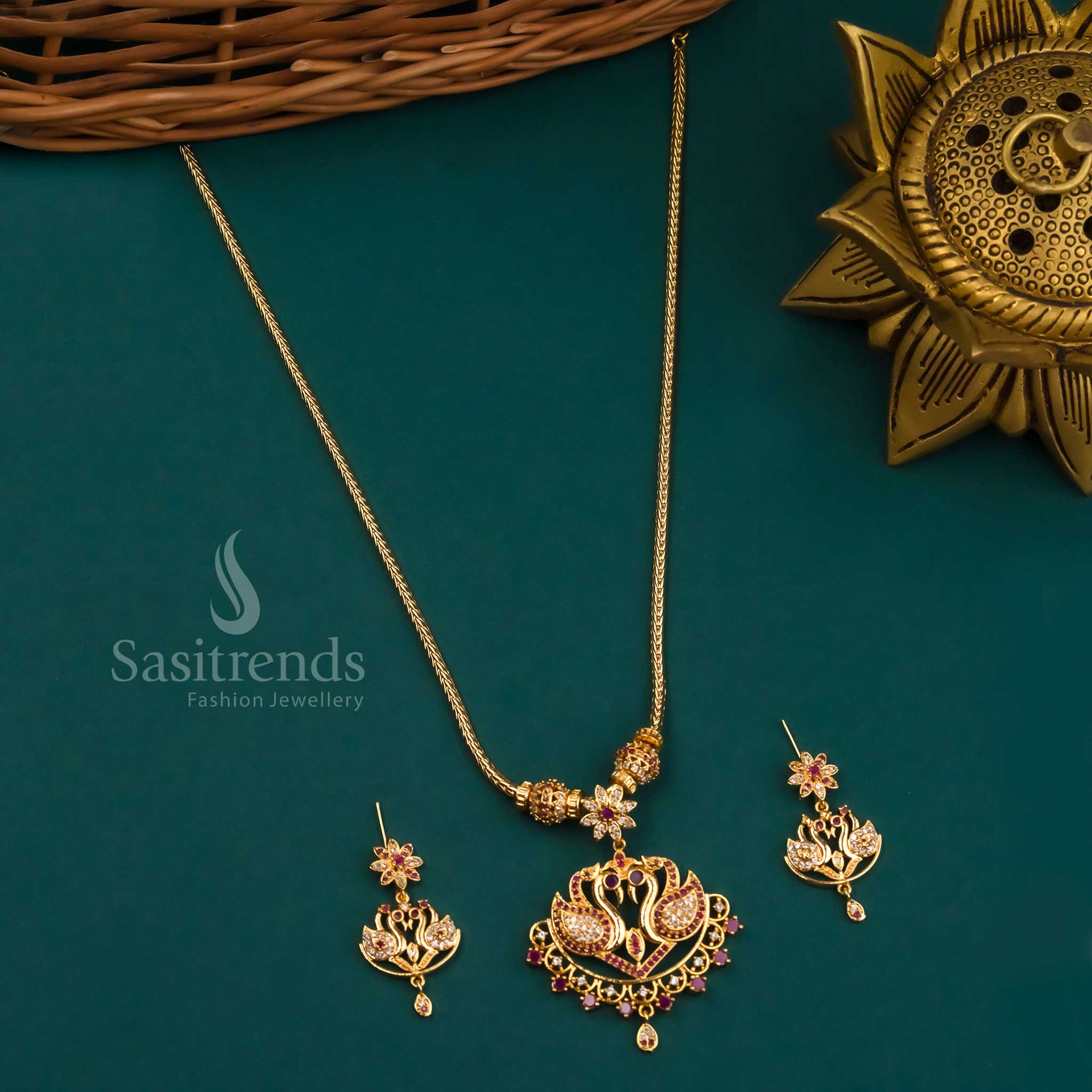 Latest Micro Gold Plated Swan Pendant  AD Necklace Jewellery Set | Sasitrends