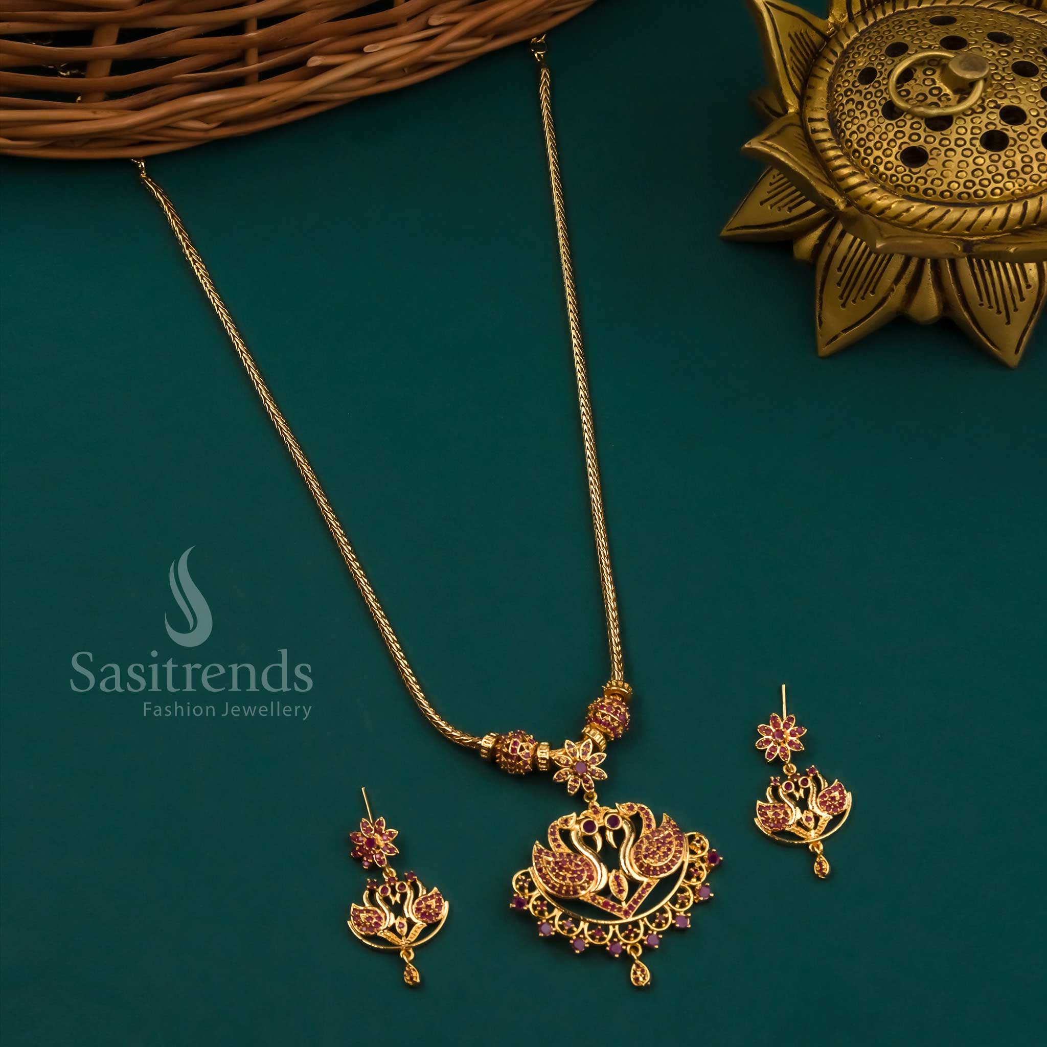 Latest Micro Gold Plated Swan Pendant  AD Necklace Jewellery Set | Sasitrends - Image 4