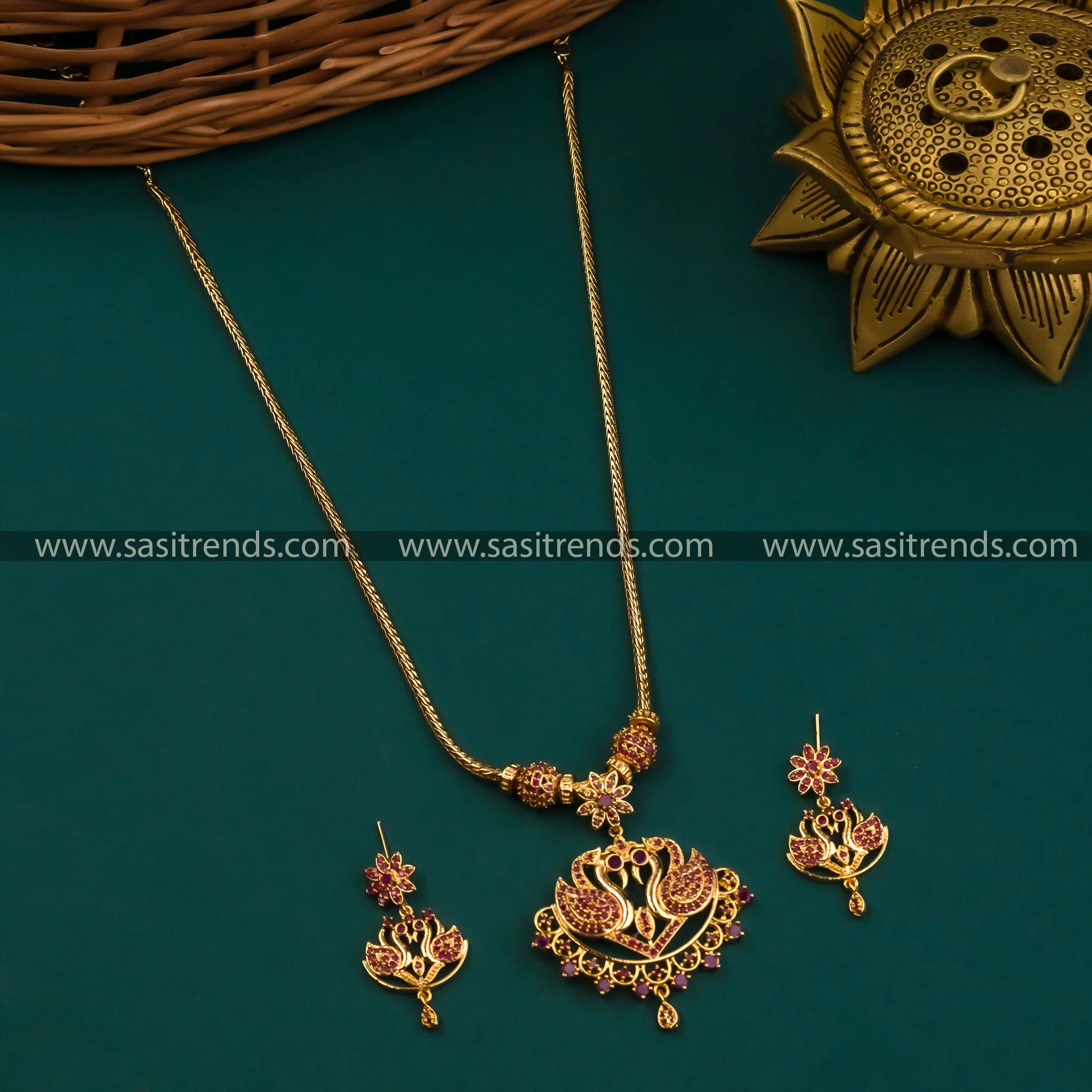 Latest Micro Gold Plated Swan Pendant  AD Necklace Jewellery Set | Sasitrends - Image 6
