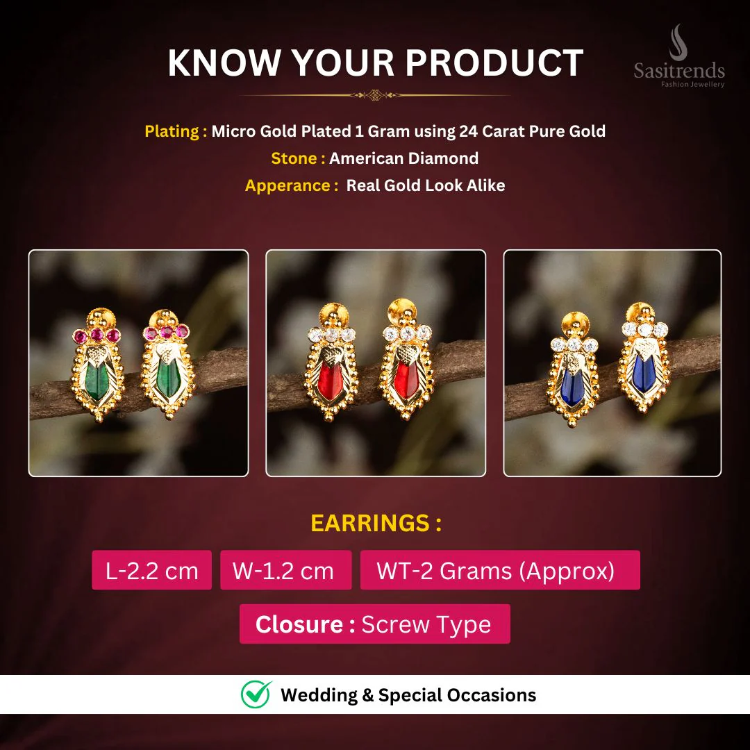 Attractive Micro Gold Plated Traditional Nagapadam Palakka Earrings with Three AD Stone Head – Kerala Temple Style Design - Sasitrends - Image 2