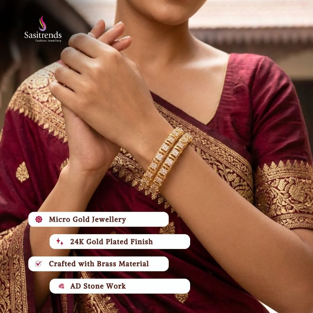 Trendy Traditional Floral Motif Micro Gold Plated Bangles Pair with White American Diamond Stones | Sasitrends - Image 2