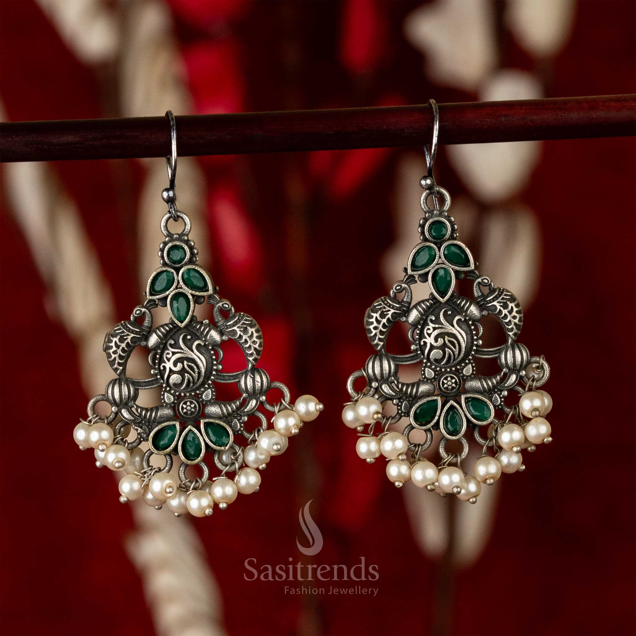 Modern Traditional Silver-Look Oxidised Earrings with Waterdrop Gemstones and Pearls - Image 3