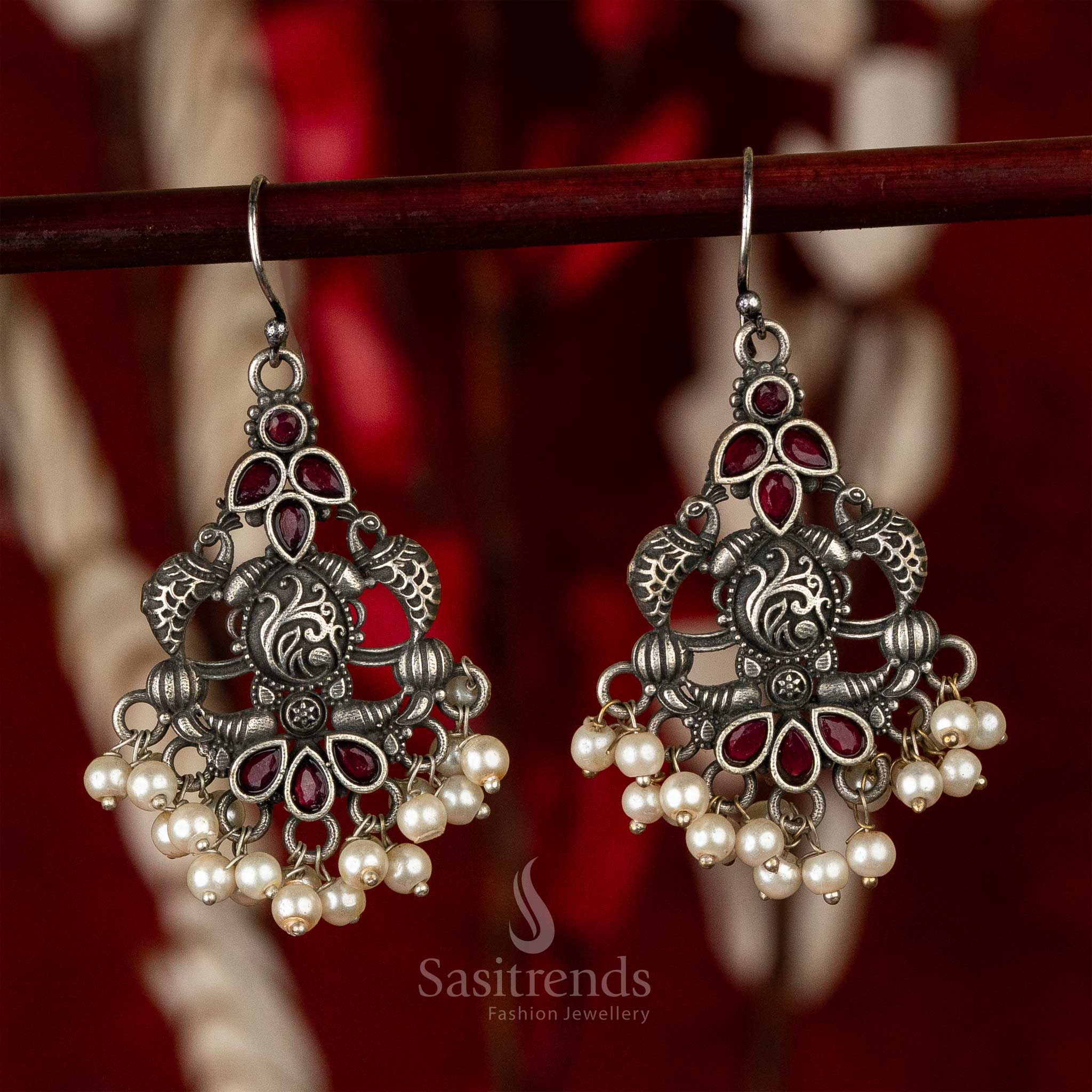 Modern Traditional Silver-Look Oxidised Earrings with Waterdrop Gemstones and Pearls - Image 5