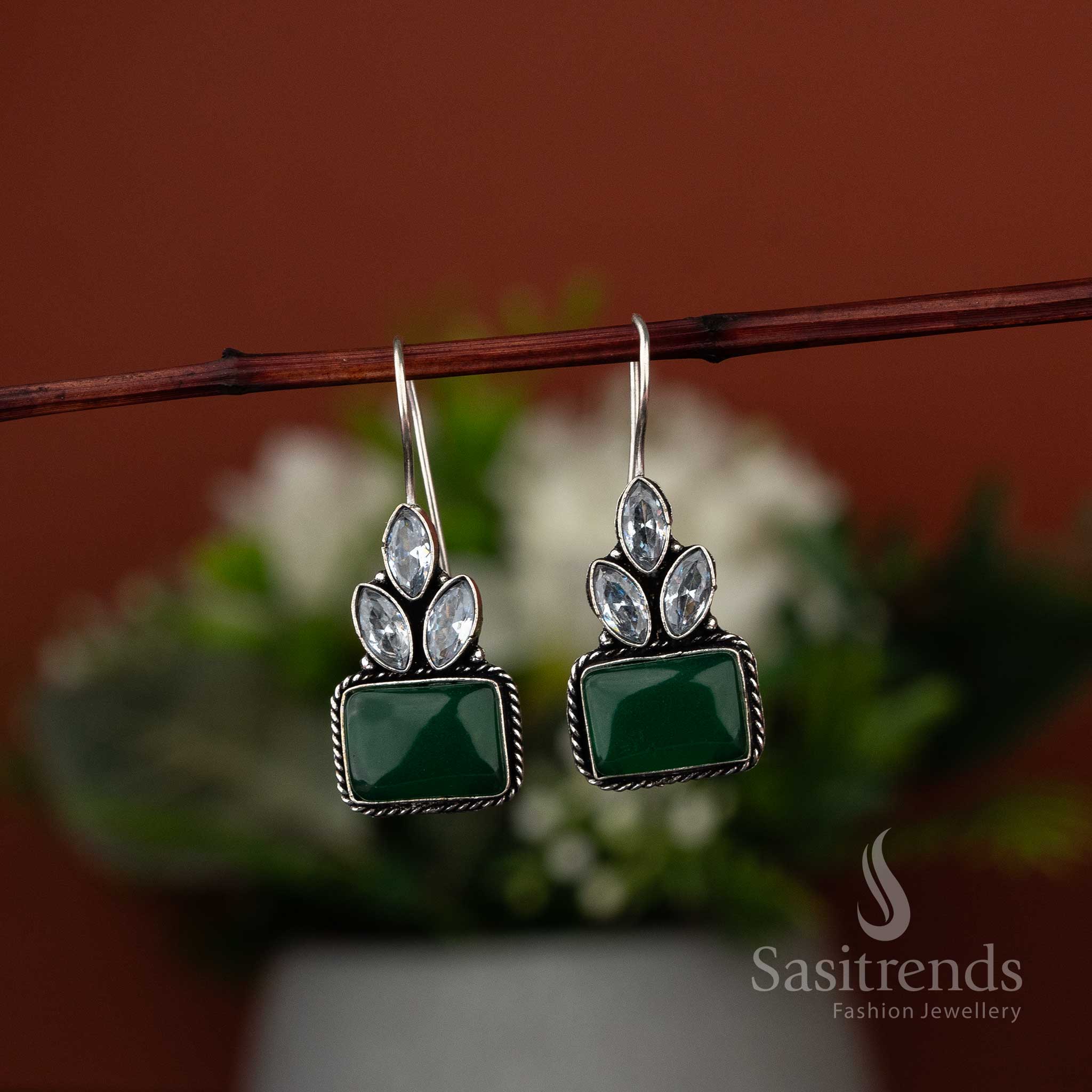 Rectangular Monalisa Leaf AD Stones Design Oxidised Earrings - Sasitrends - Image 6