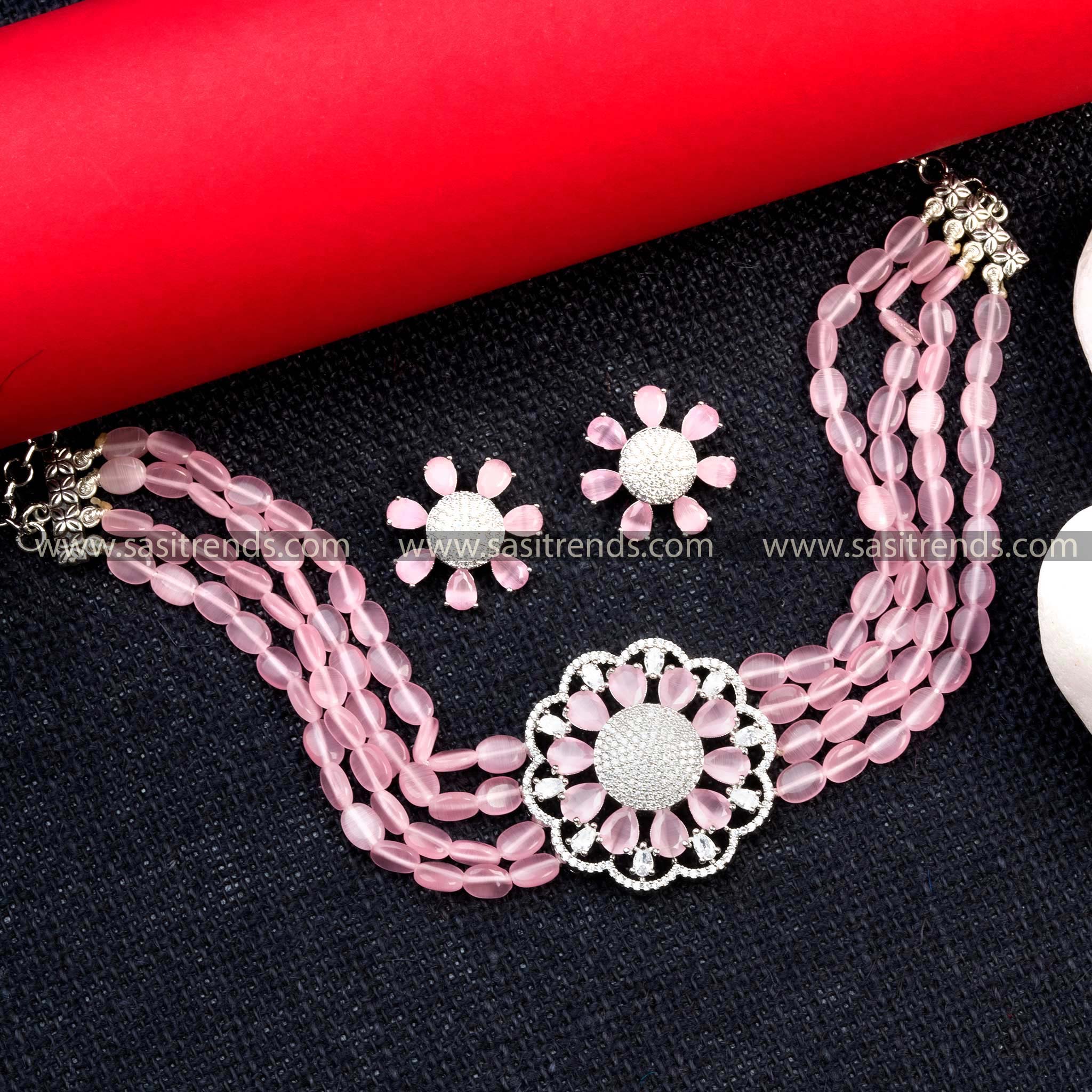 Monalisa Stone Choker Set with American diamond Pendant – Reception & Party Wear | Sasitrends - Image 12