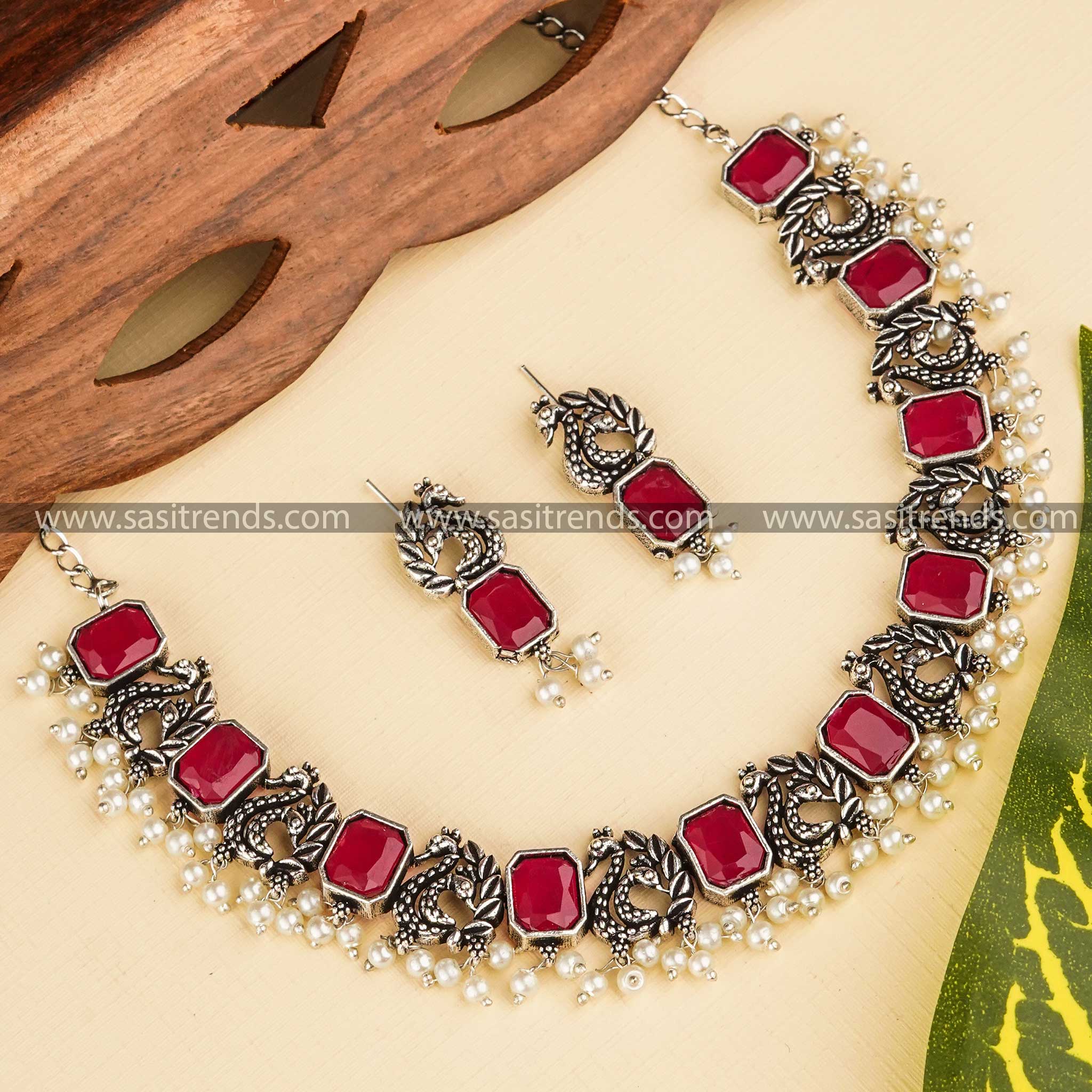 Latest Trending Peacock Designer Rectangle Stones -Morvi Oxidised Necklace Jewellery Set | Sasitrends - Image 7
