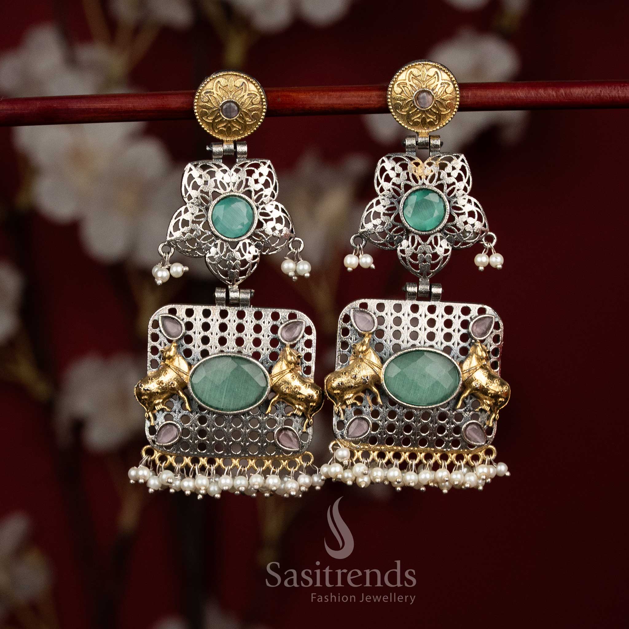 Antique Dual Tone 92.5 Silver Plated Oxidised Floral Mandala Openwork Nandi Bull Panel Earrings with Oval Monalisa Stones & Linear Pearl Fringes for Party Wear - Image 10
