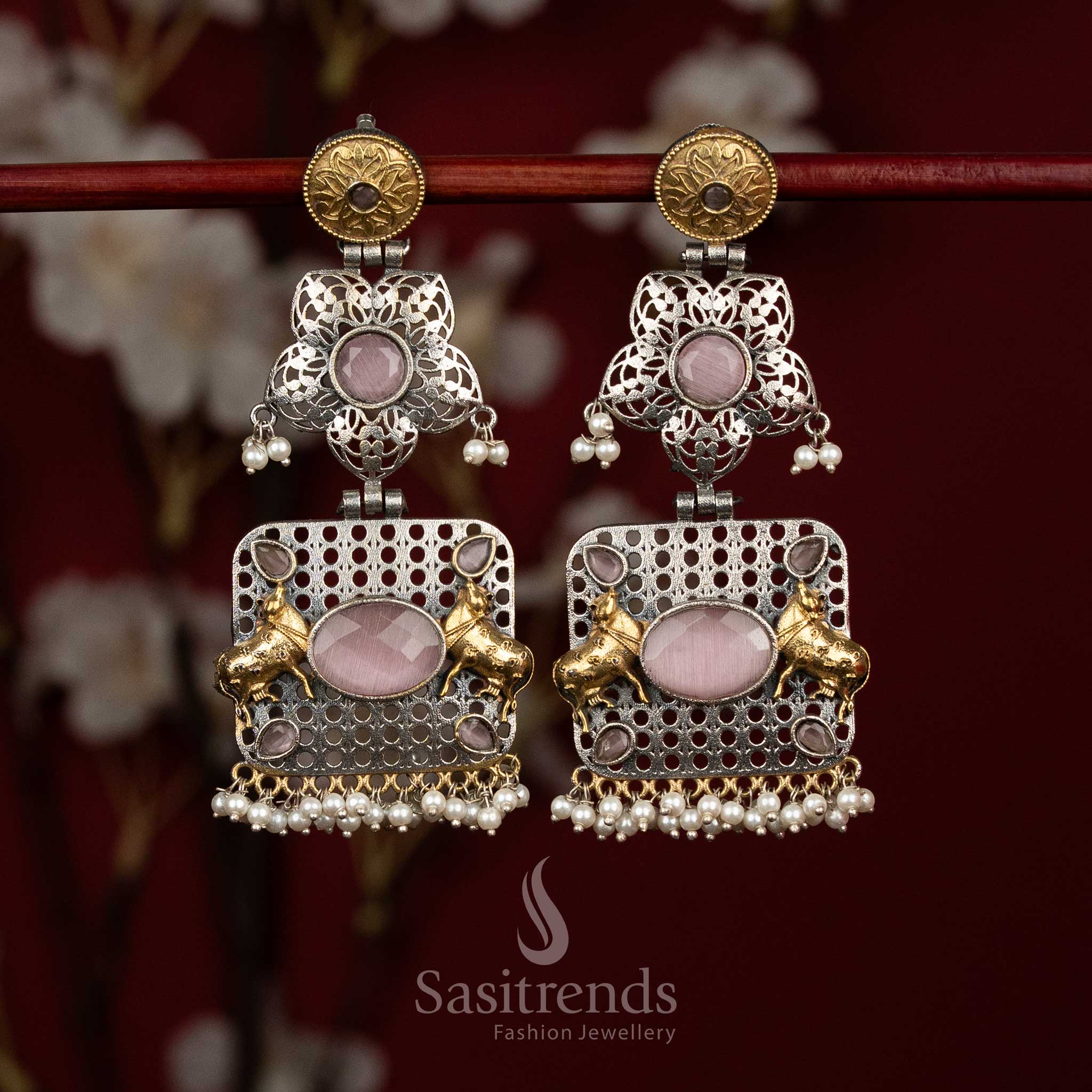 Antique Dual Tone 92.5 Silver Plated Oxidised Floral Mandala Openwork Nandi Bull Panel Earrings with Oval Monalisa Stones & Linear Pearl Fringes for Party Wear - Image 5