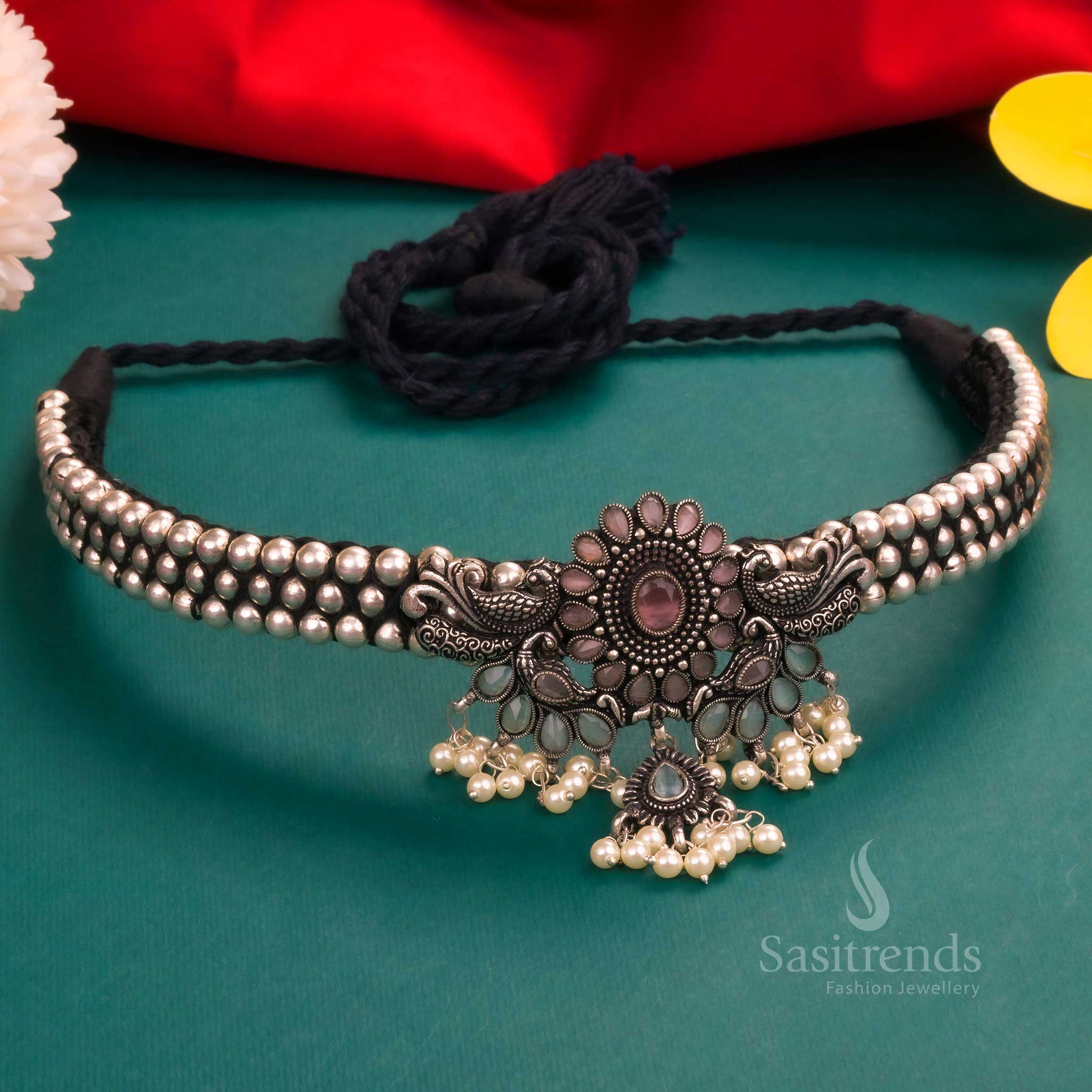 Navarathiri Special Necklace: Kolhapuri Oxidised Peacock Pendant Choker | Sasitrends