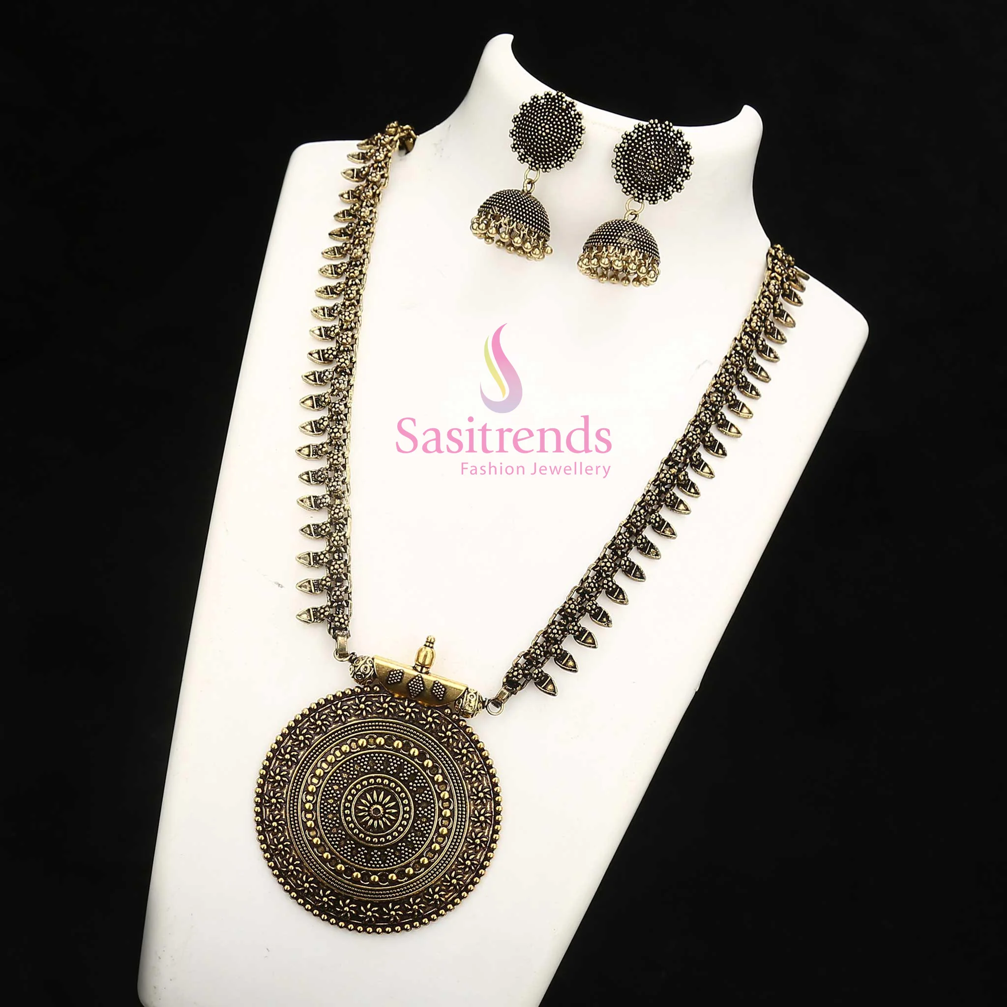Niranjana Long Haram Necklace Jewellery Set with Nayanthara Oxidised Jhumka Earrings - Sasitrends - Image 3