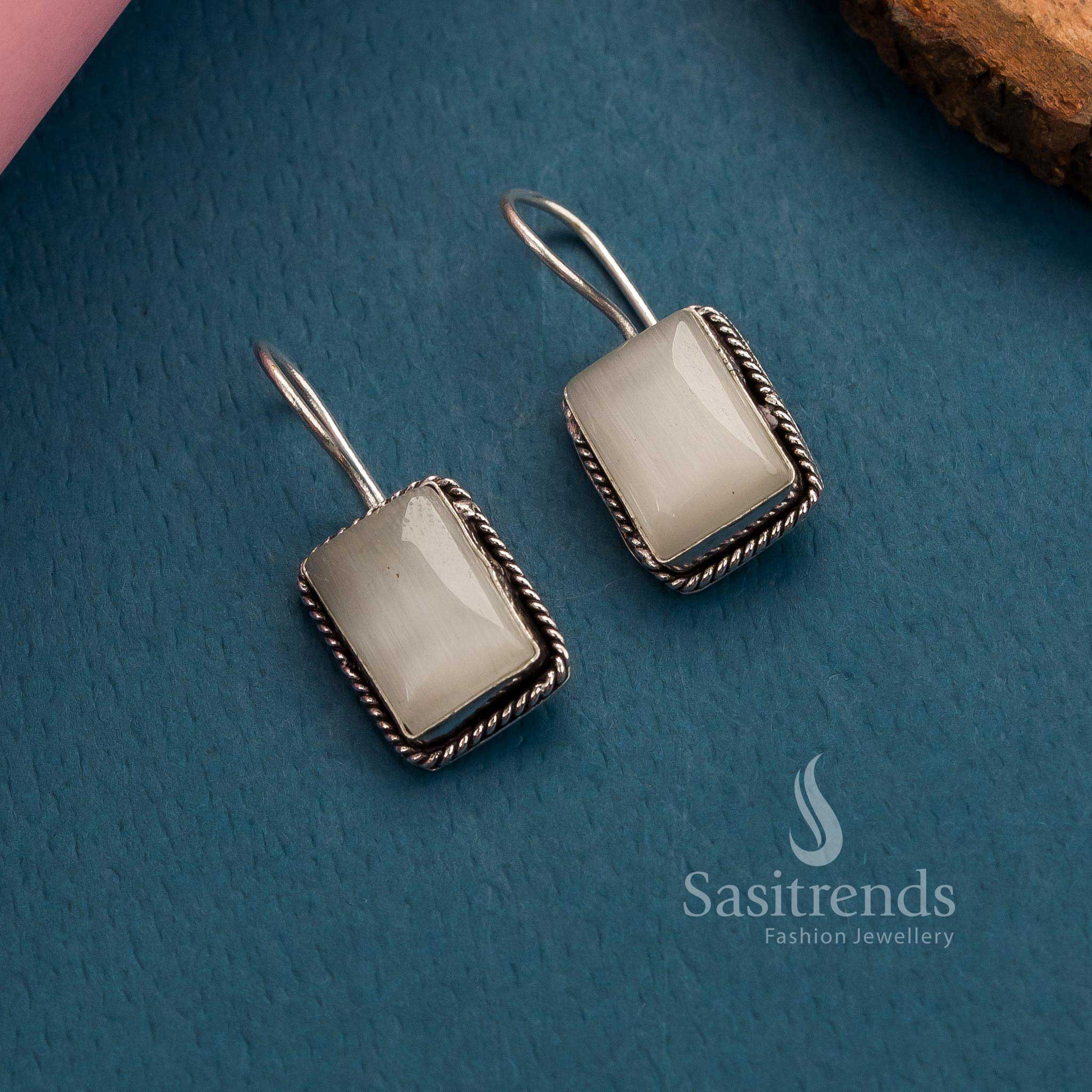 Exquisite Rectangular Monalisa Stones Fish Hook Earrings in Oxidised Silver - Latest Collection for Women - Image 15