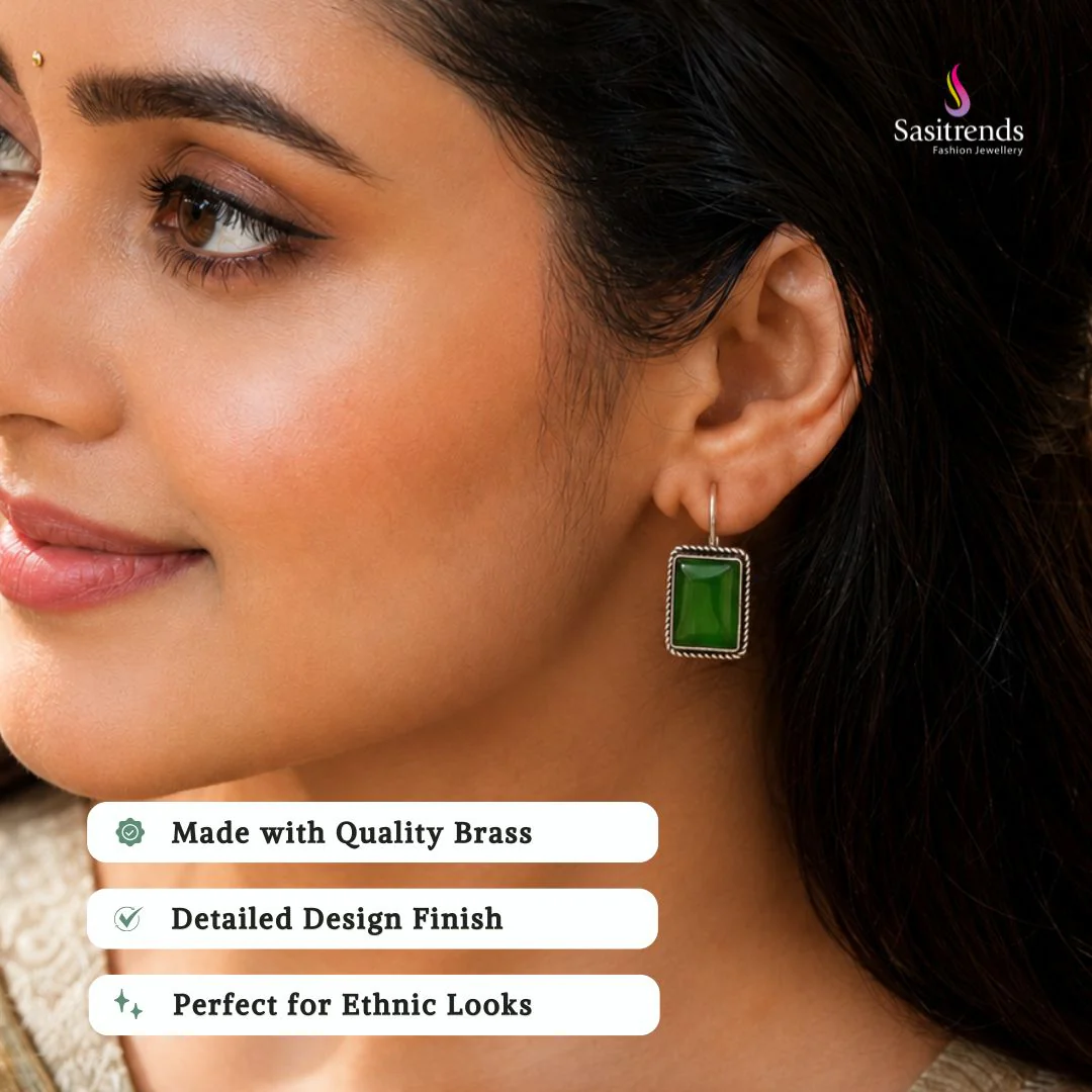 Exquisite Rectangular Monalisa Stones Fish Hook Earrings in Oxidised Silver - Latest Collection for Women - Image 2