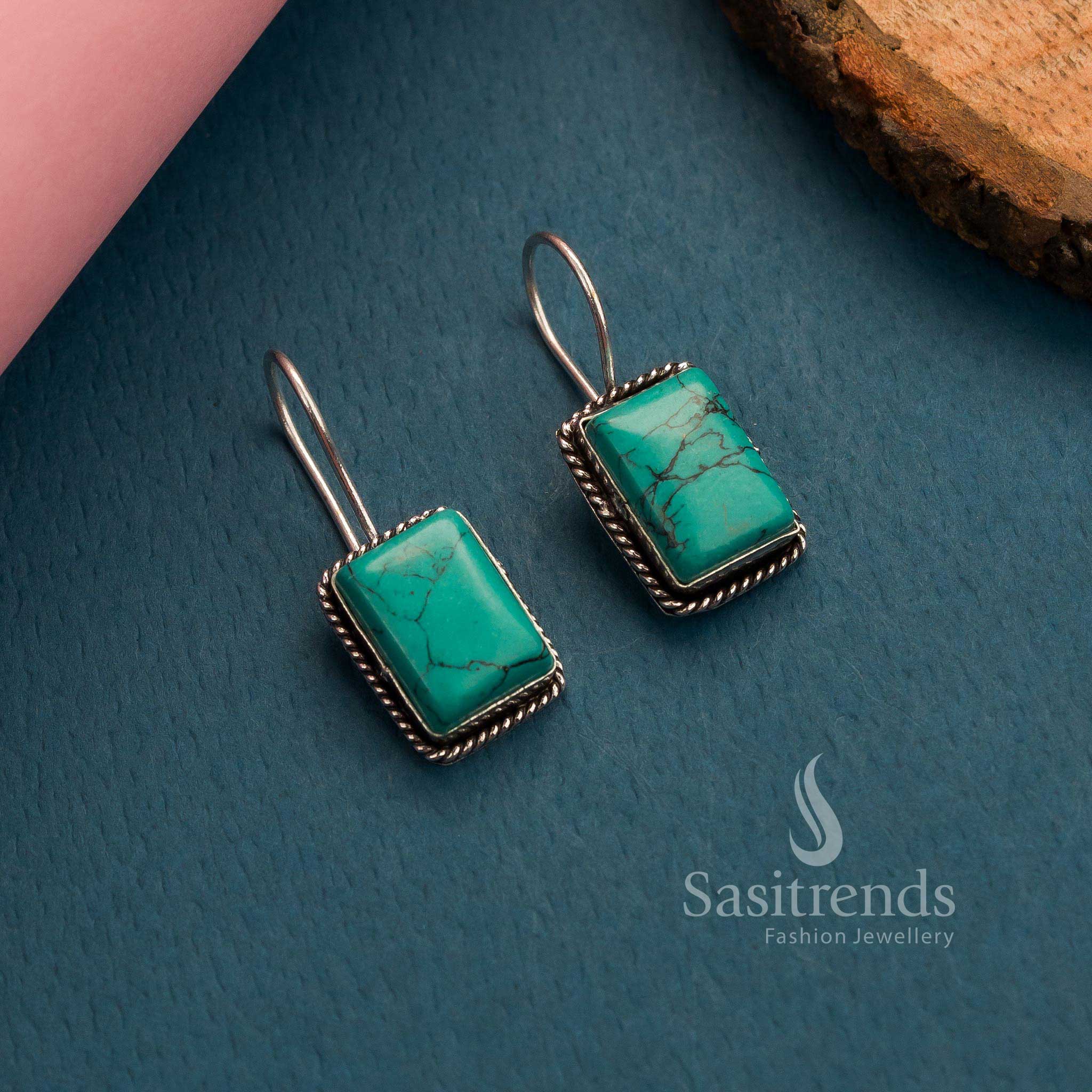 Exquisite Rectangular Monalisa Stones Fish Hook Earrings in Oxidised Silver - Latest Collection for Women - Image 22