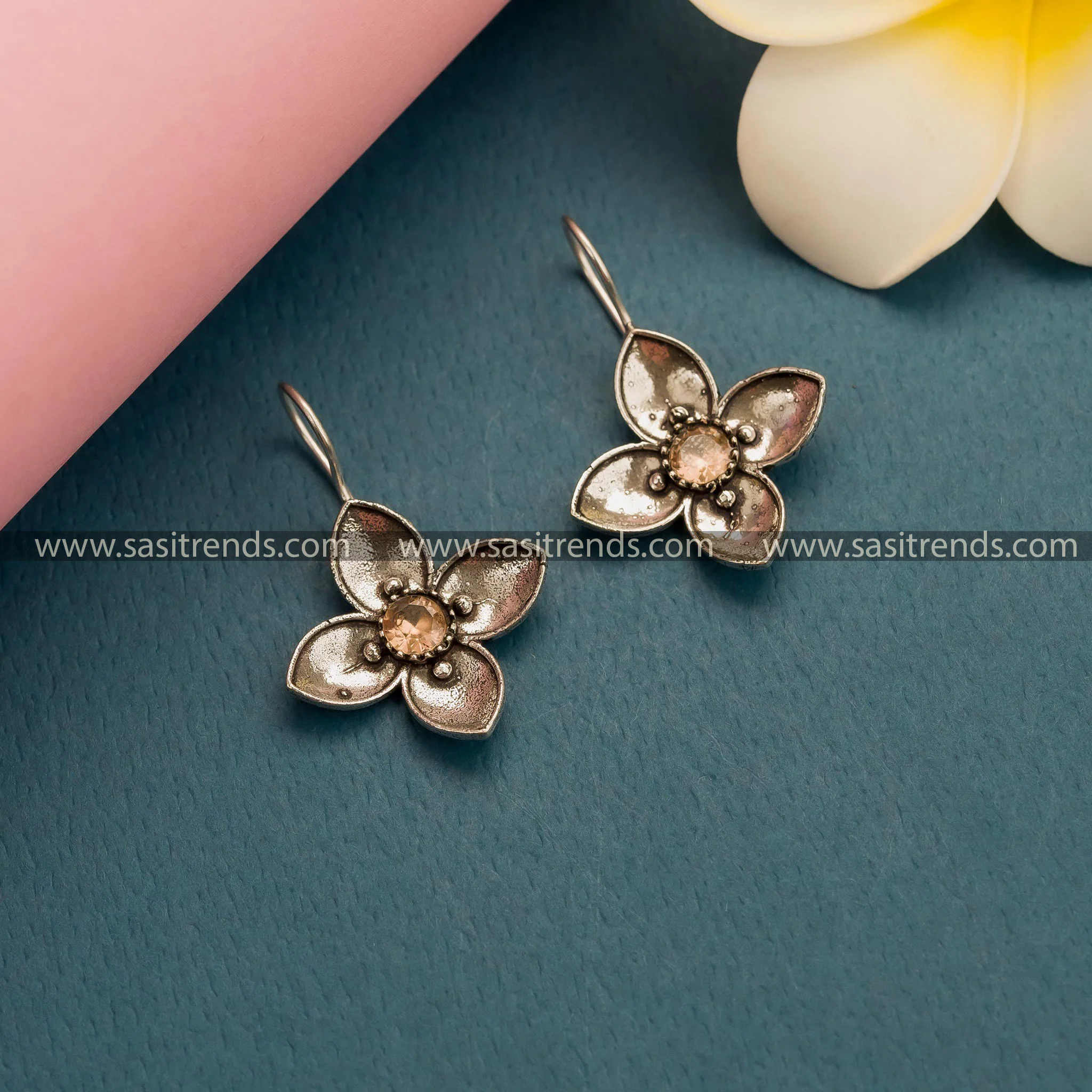 New Arrival: Office Wear Oxidised Silver AD Stones Floral Fish Hook Earrings for Women - Image 10