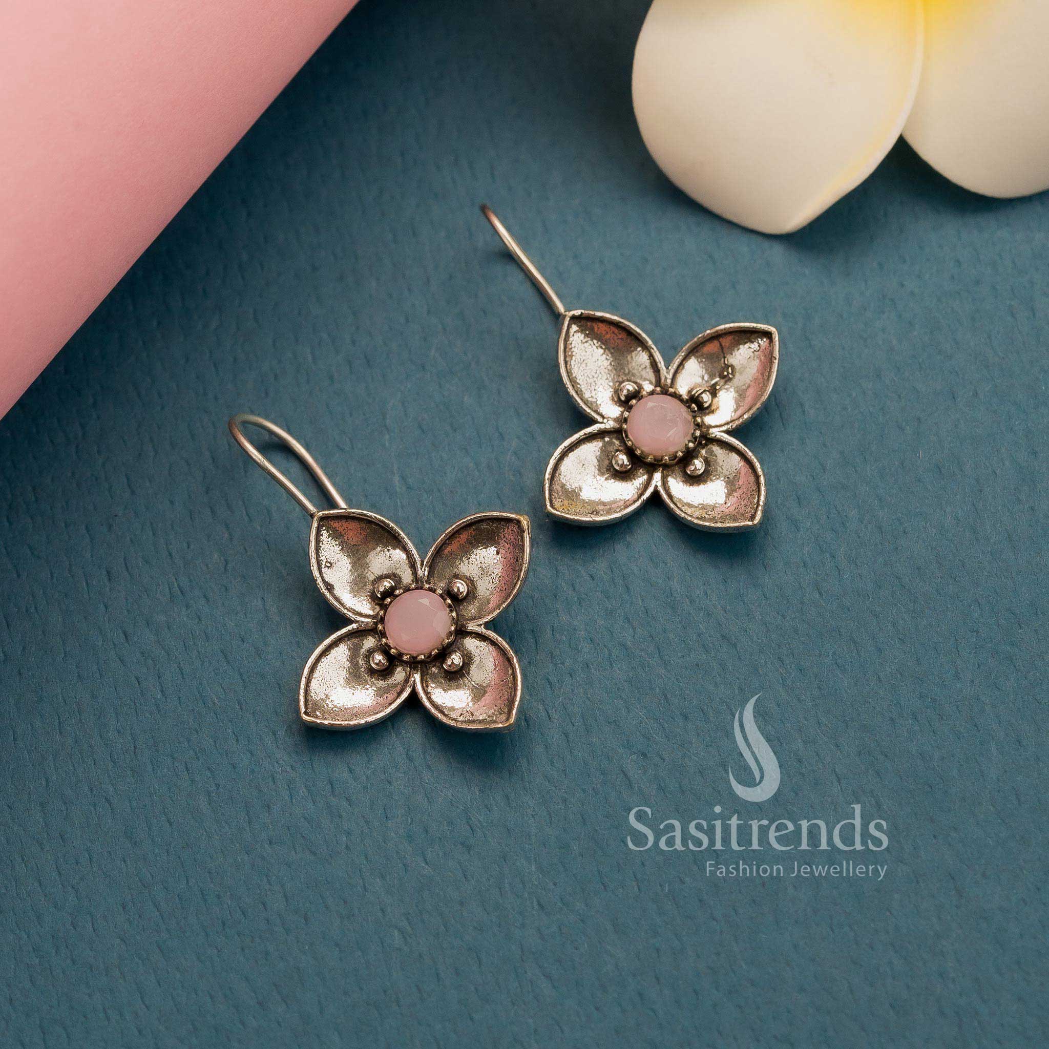 New Arrival: Office Wear Oxidised Silver AD Stones Floral Fish Hook Earrings for Women - Image 14