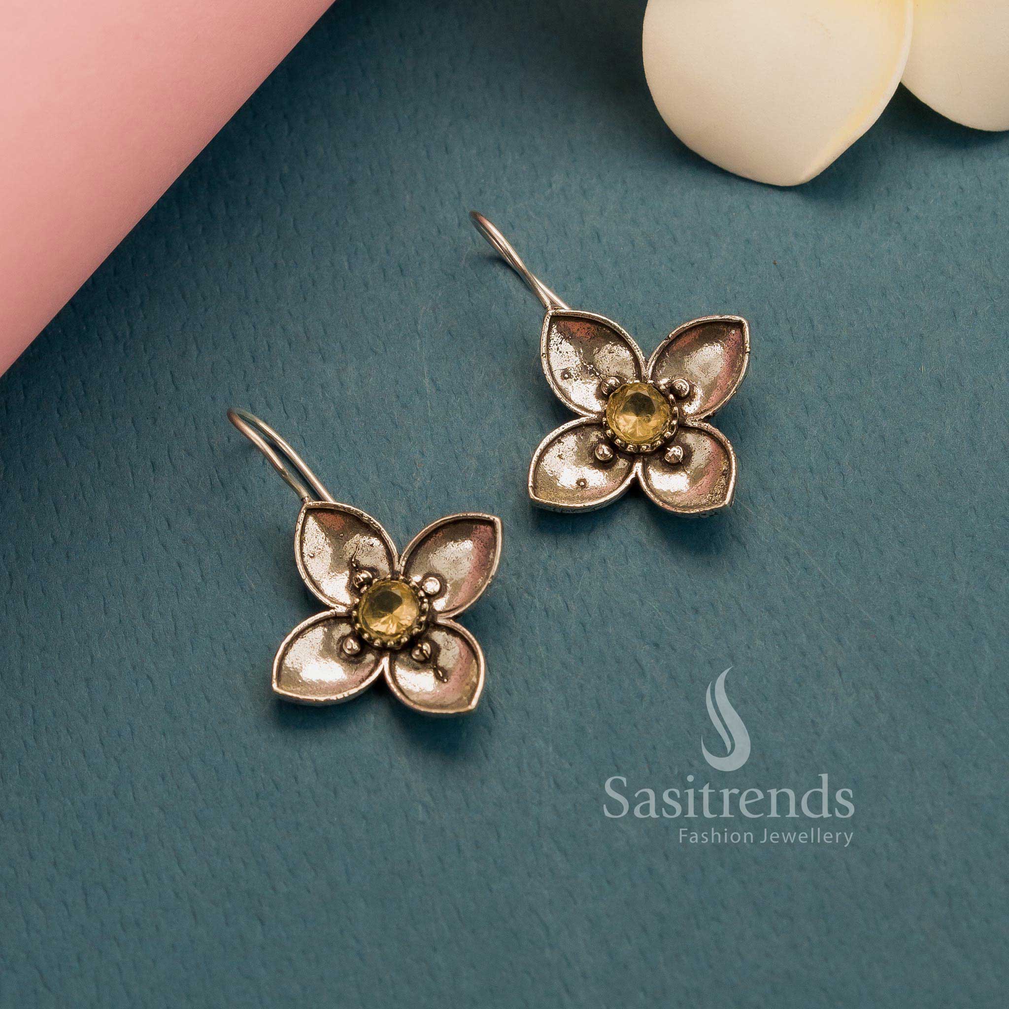 New Arrival: Office Wear Oxidised Silver AD Stones Floral Fish Hook Earrings for Women - Image 16