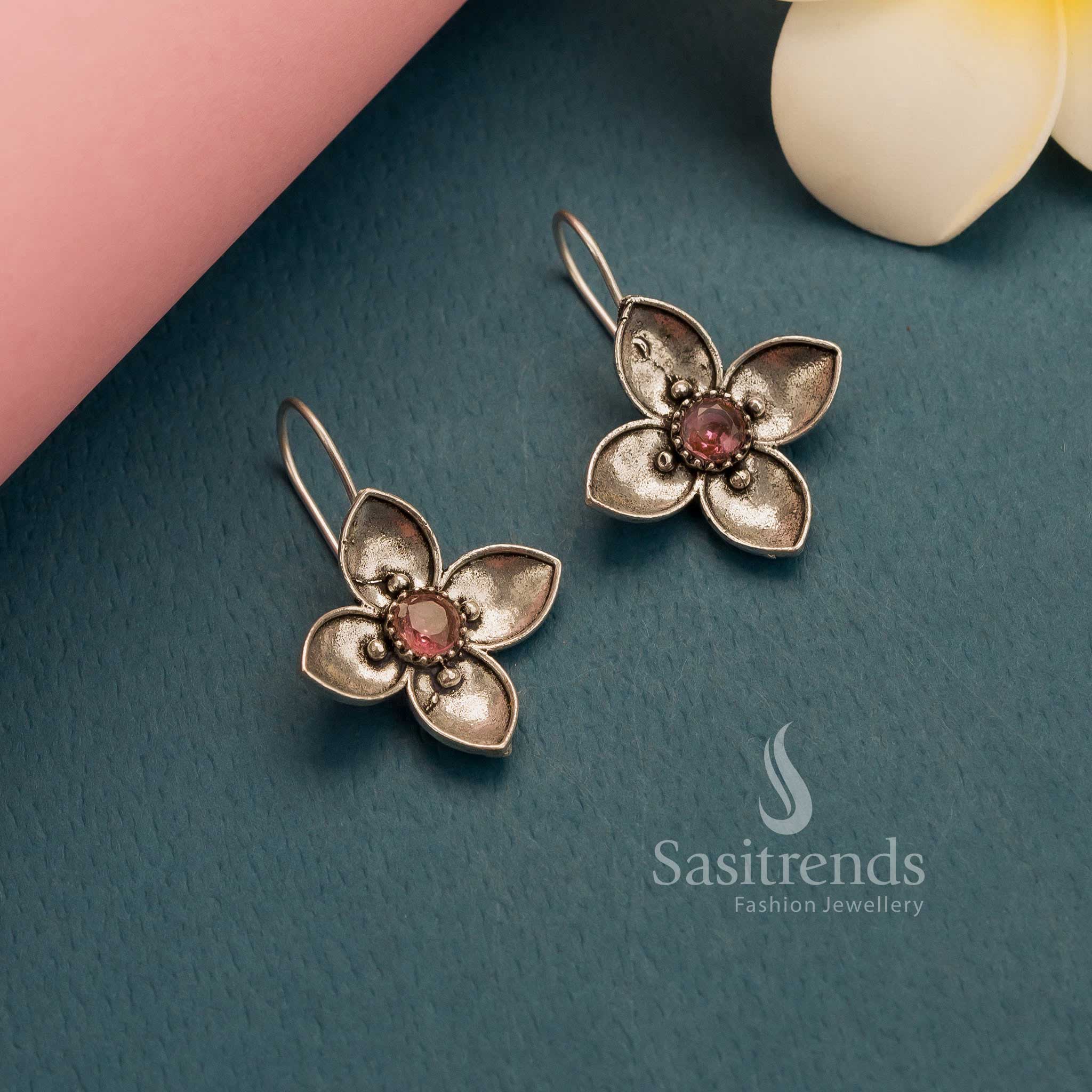 New Arrival: Office Wear Oxidised Silver AD Stones Floral Fish Hook Earrings for Women - Image 7