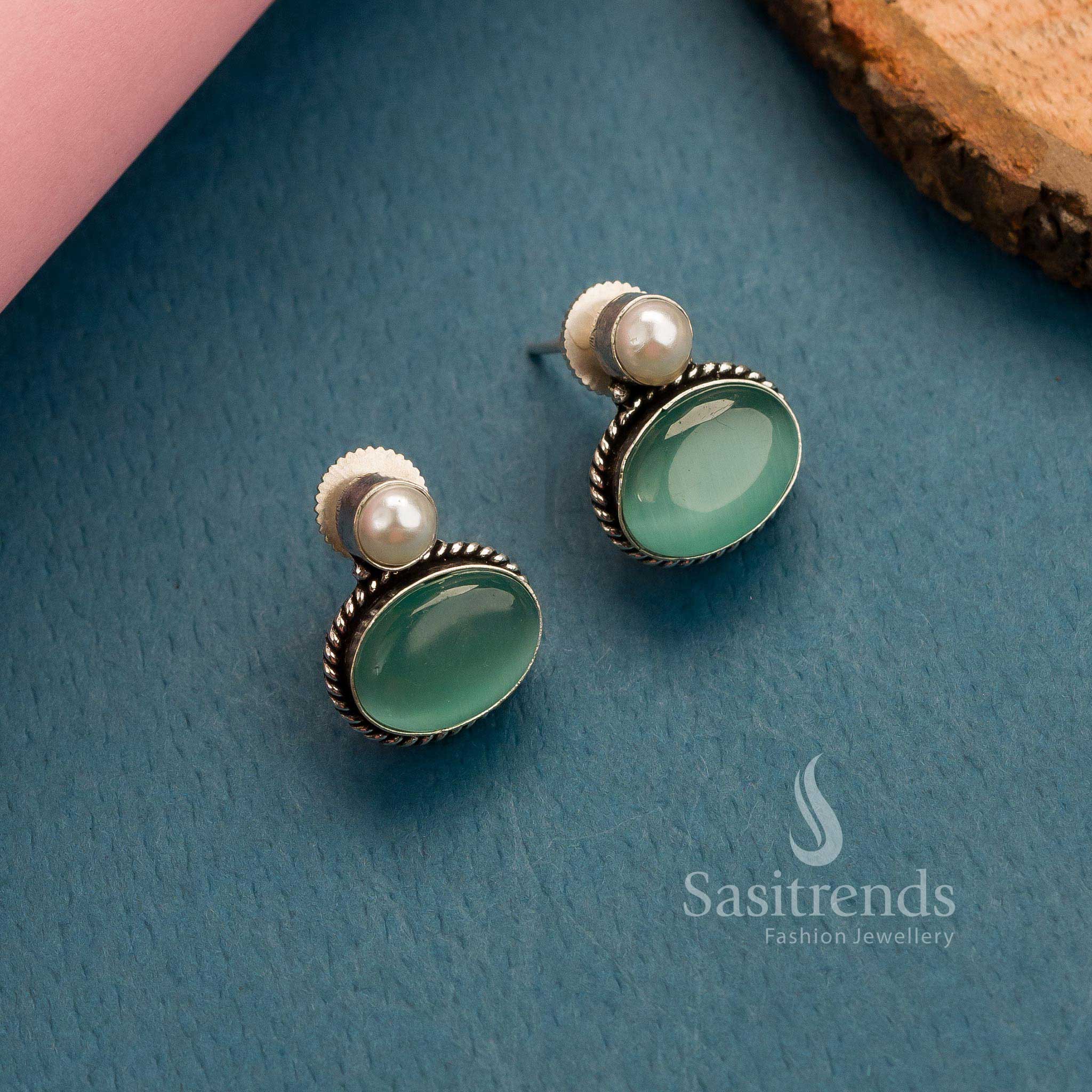 Latest Oval Monalisa Stone Stud Earrings in Oxidised German Silver for Women - Festive Collection - Image 17