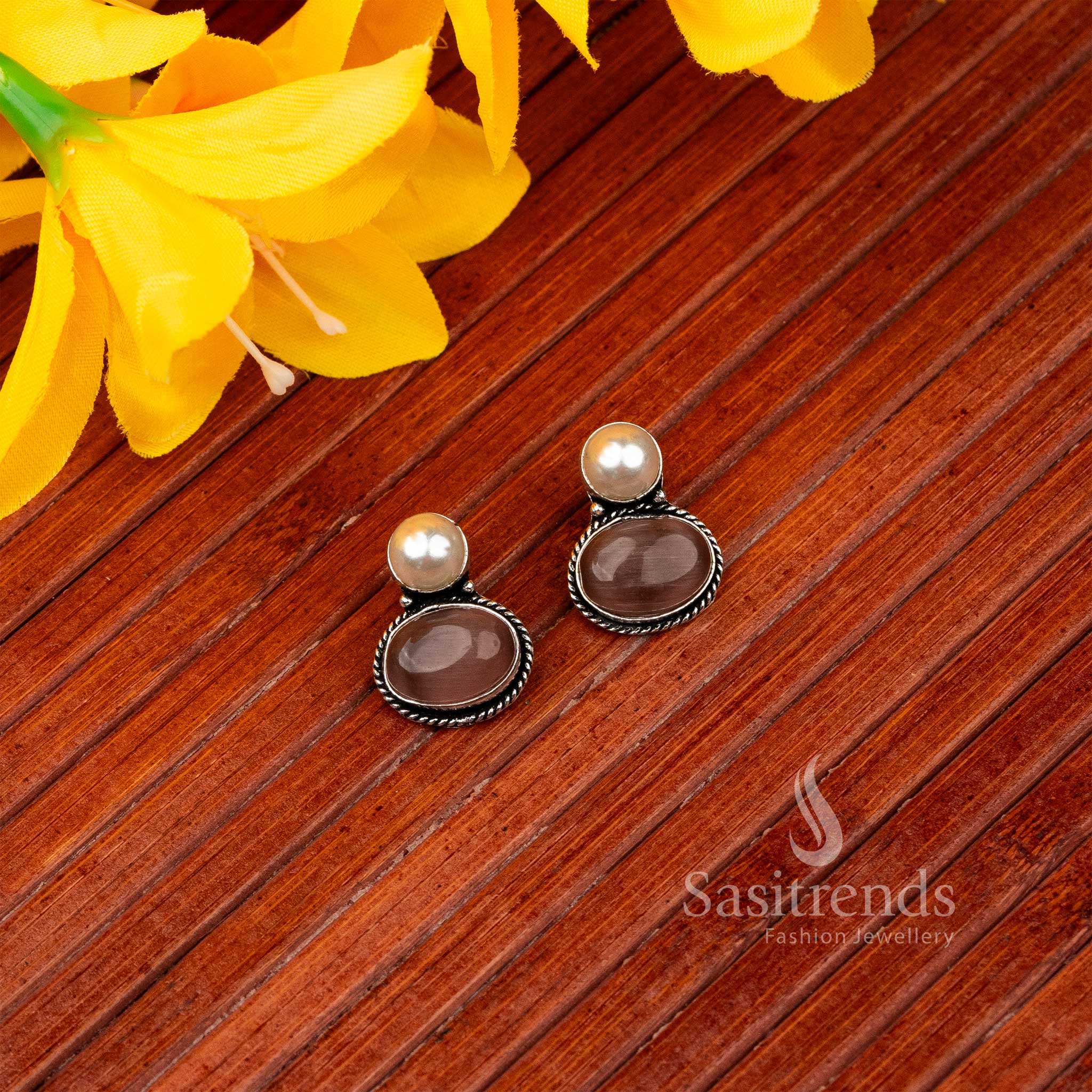 Latest Oval Monalisa Stone Stud Earrings in Oxidised German Silver for Women - Festive Collection - Image 18
