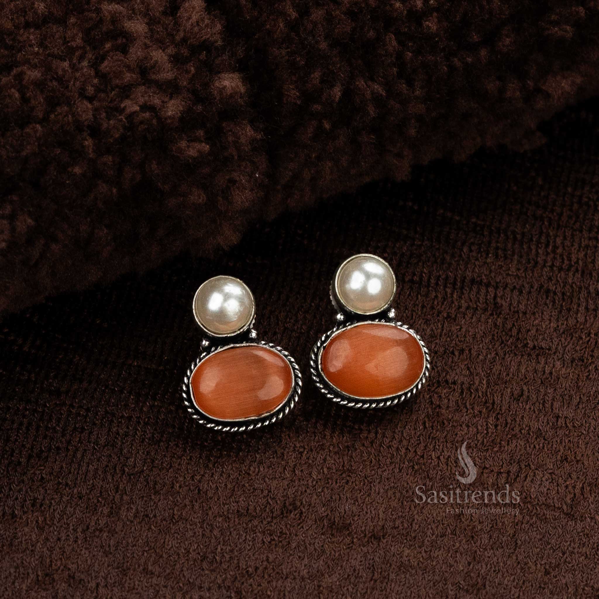 Latest Oval Monalisa Stone Stud Earrings in Oxidised German Silver for Women - Festive Collection - Image 4