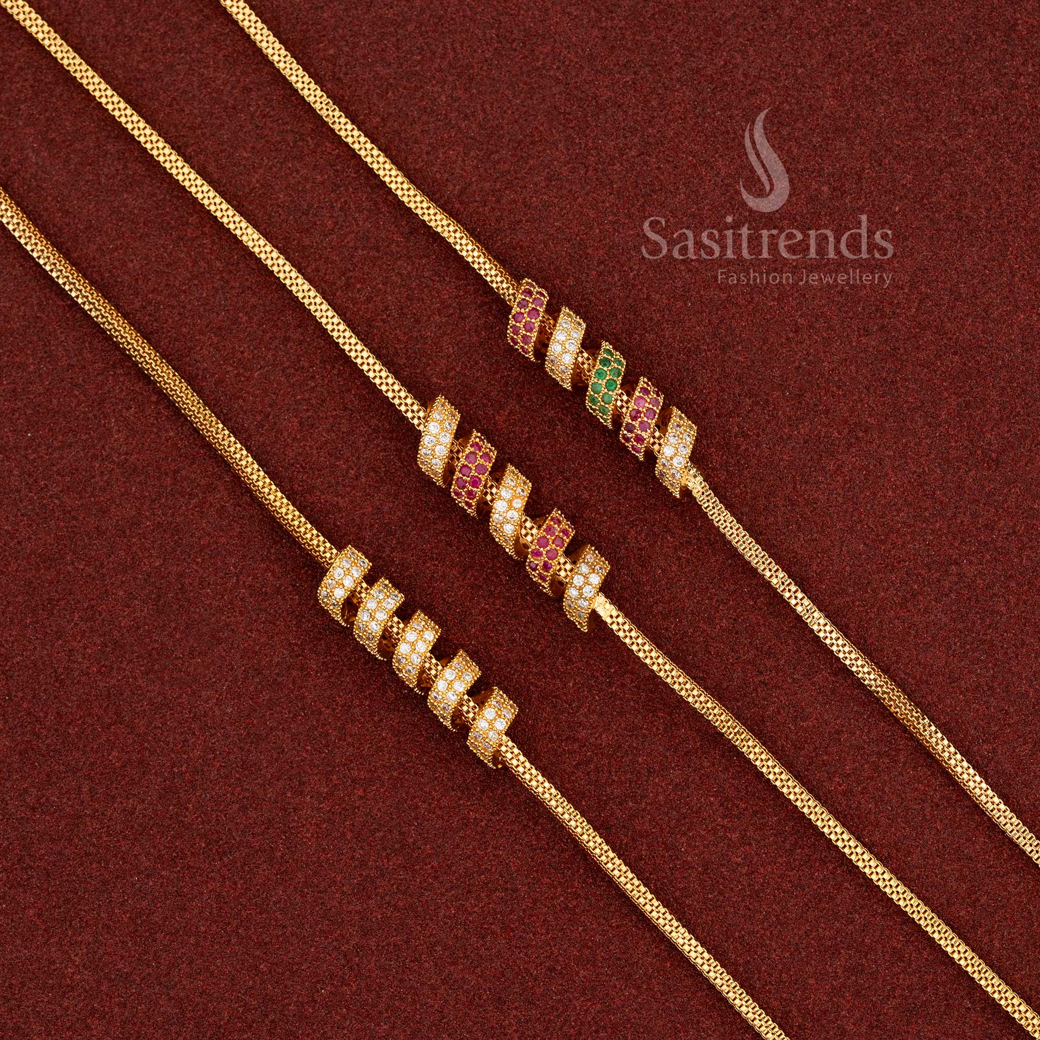 One Gram Micro Gold Plated 3-Layer Mugappu Chain with Multi-Color AD Stone Barrel Beads – Traditional Wear Chain for Sarees - Sasitrends - Image 5