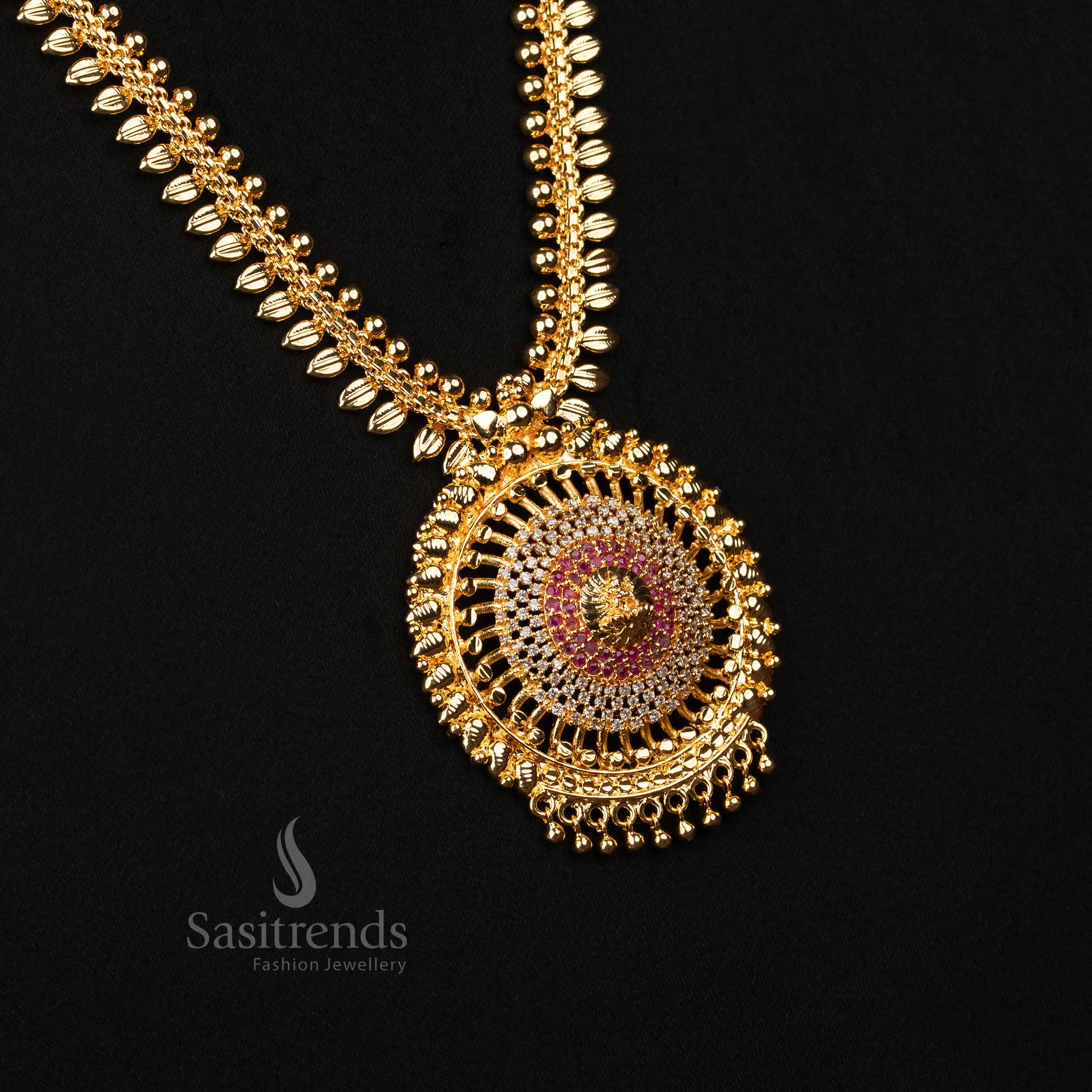 Sasitrends - One Gram Micro Gold-Plated Lakshmi Pendant Long Haram Necklace with AD Stones, Leaf Pattern - Image 11
