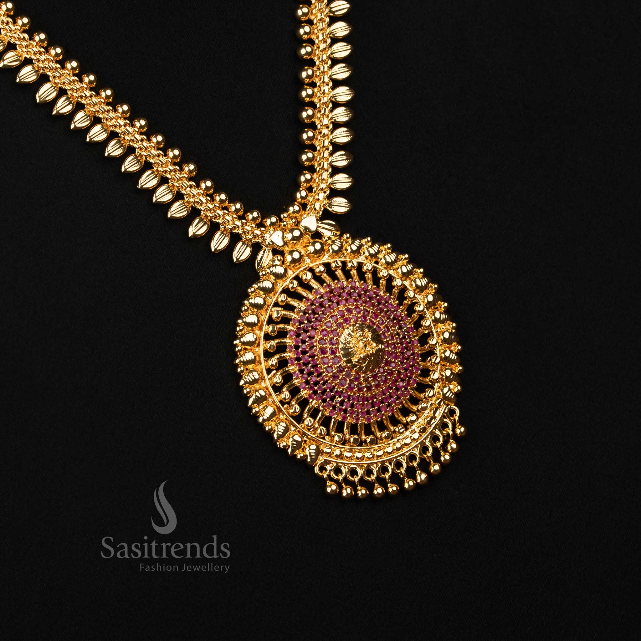 Sasitrends - One Gram Micro Gold-Plated Lakshmi Pendant Long Haram Necklace with AD Stones, Leaf Pattern - Image 12