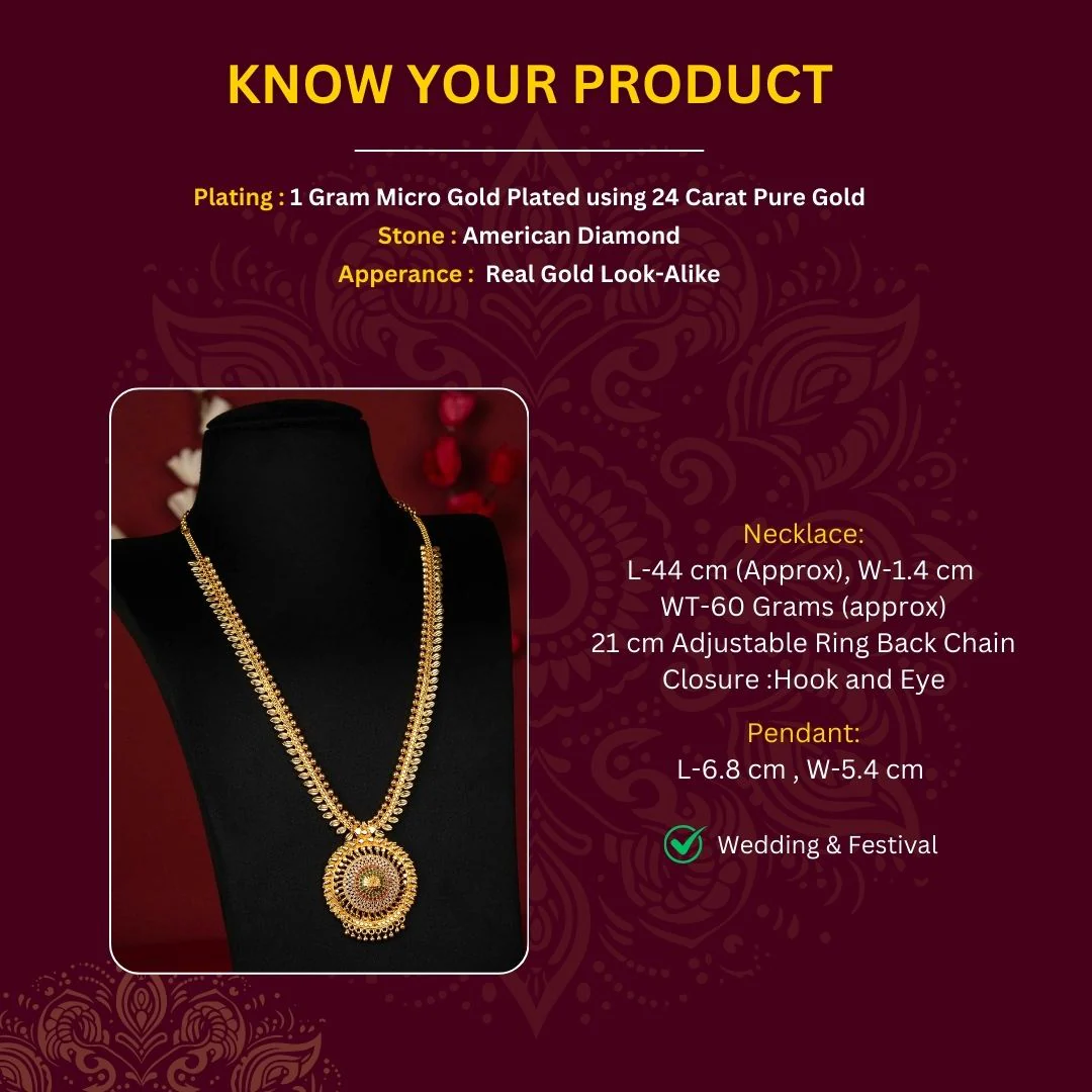 Sasitrends - One Gram Micro Gold-Plated Lakshmi Pendant Long Haram Necklace with AD Stones, Leaf Pattern - Image 3