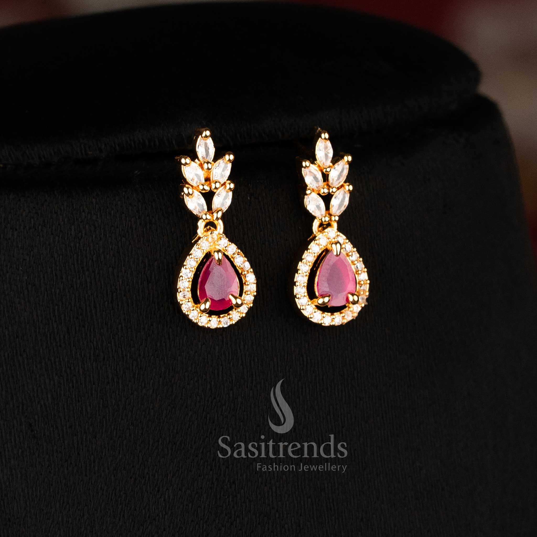 Stunning Micro Gold Plated American Diamond Teardrop Design Necklace Jewellery Sets with Ruby Stones – Sasitrends - Image 2