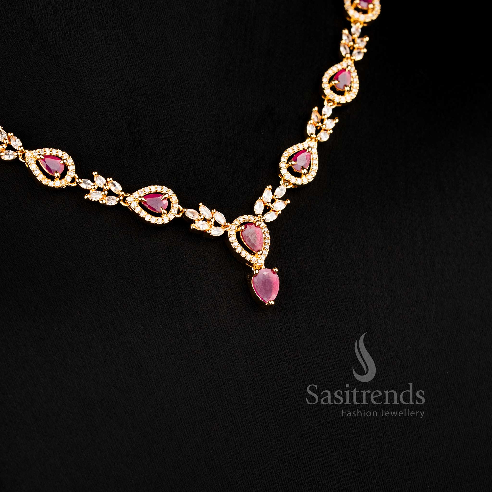 Stunning Micro Gold Plated American Diamond Teardrop Design Necklace Jewellery Sets with Ruby Stones – Sasitrends - Image 4