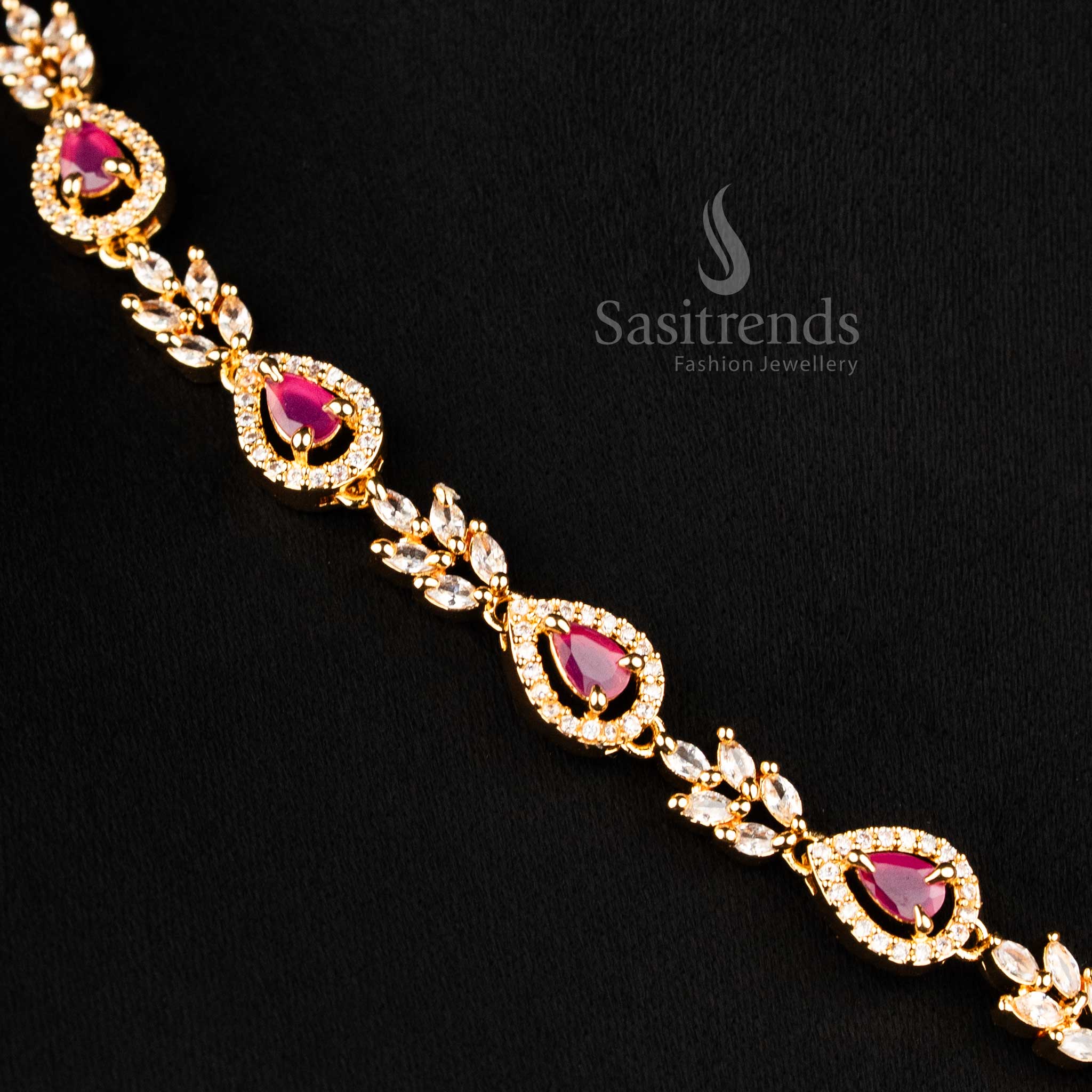 Stunning Micro Gold Plated American Diamond Teardrop Design Necklace Jewellery Sets with Ruby Stones – Sasitrends - Image 5