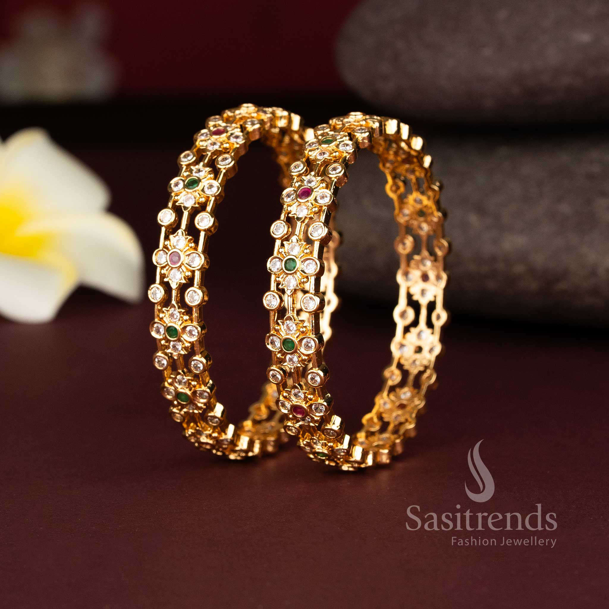 One Gram Micro Gold Plated American Diamond Starlace Floral Multicolor Bangles - Sasitrends - Image 2