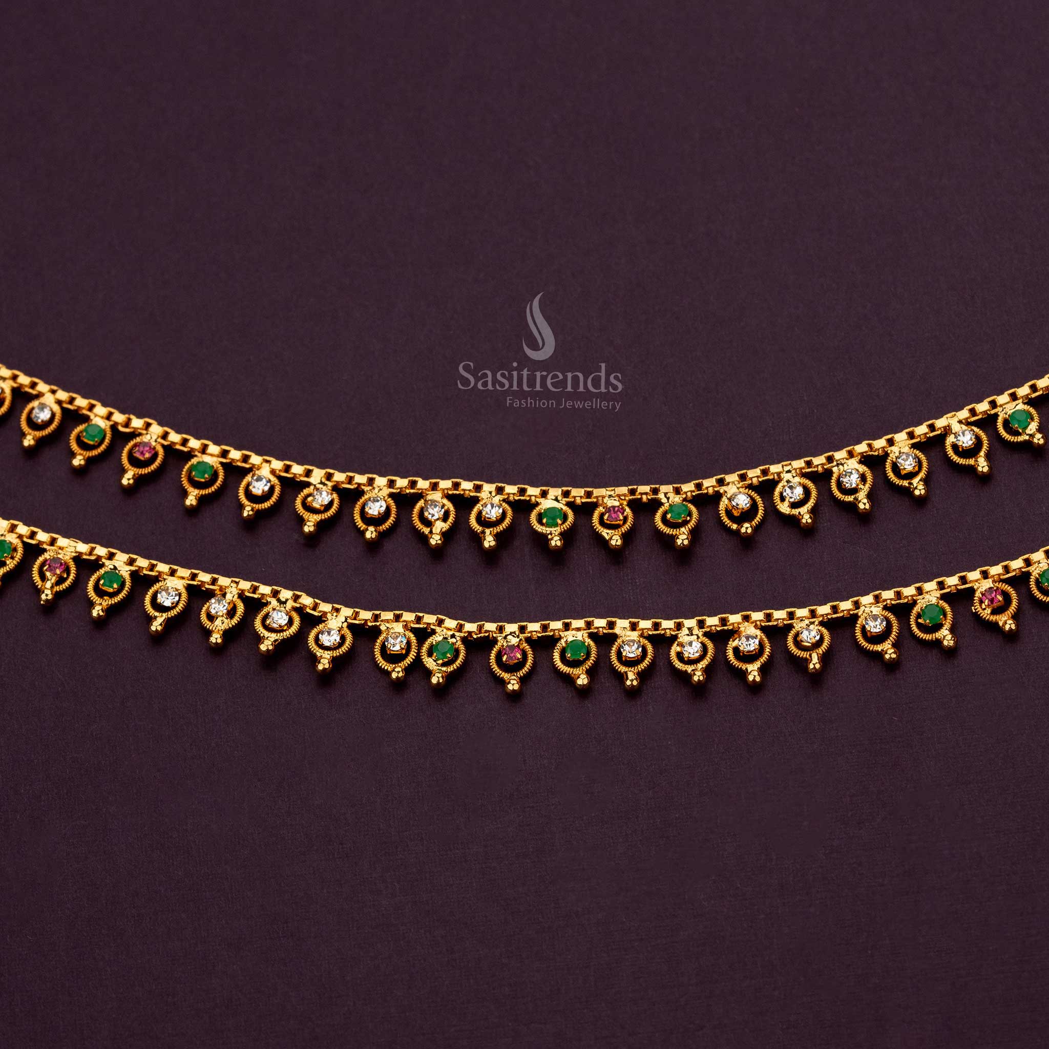 One Gram Micro Gold-Plated Anklets with Multi-Color Stones & Hanging Accents - Sasitrends - Image 2