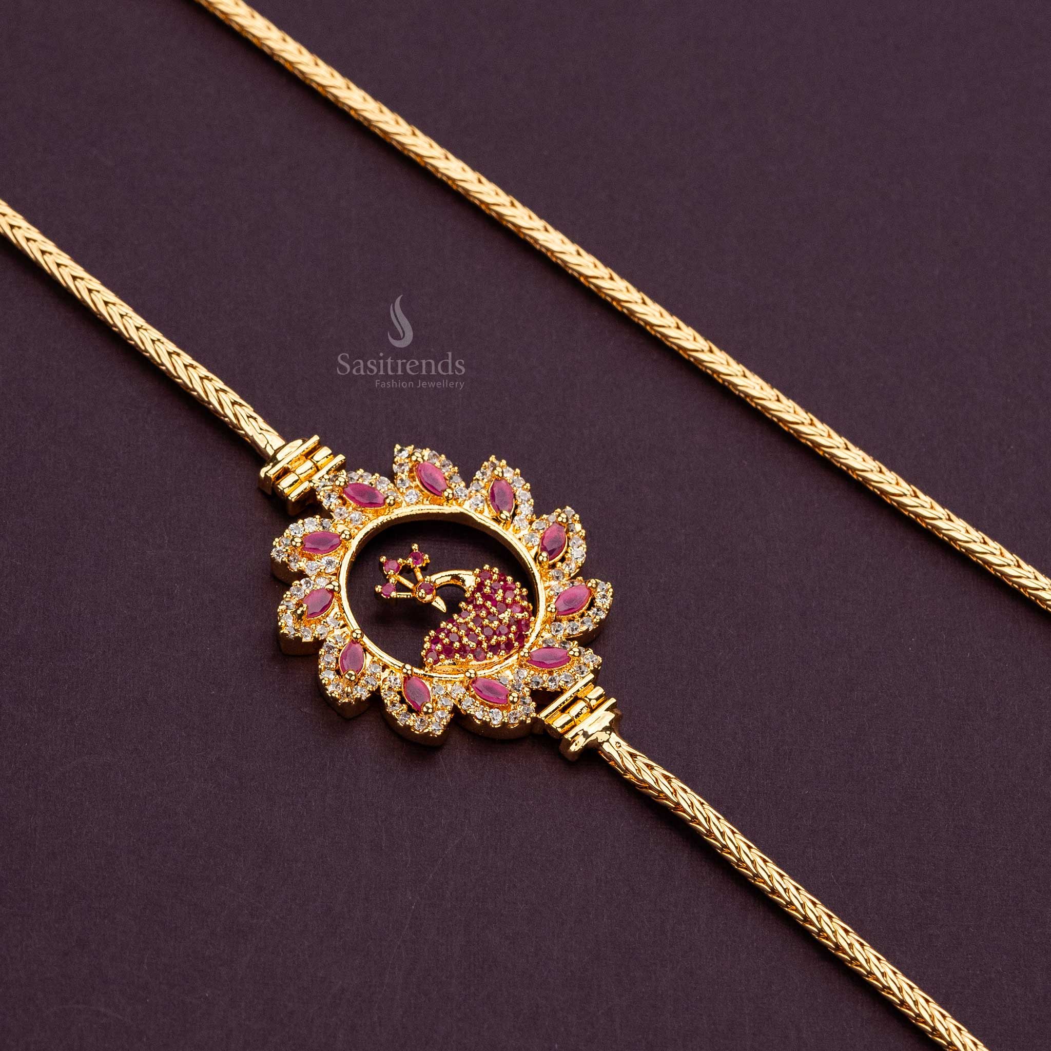 Guaranteed One Gram Micro Gold Plated Circular Flower Frame Peacock AD Stone Mugappu Chain - Sasitrends - Image 11