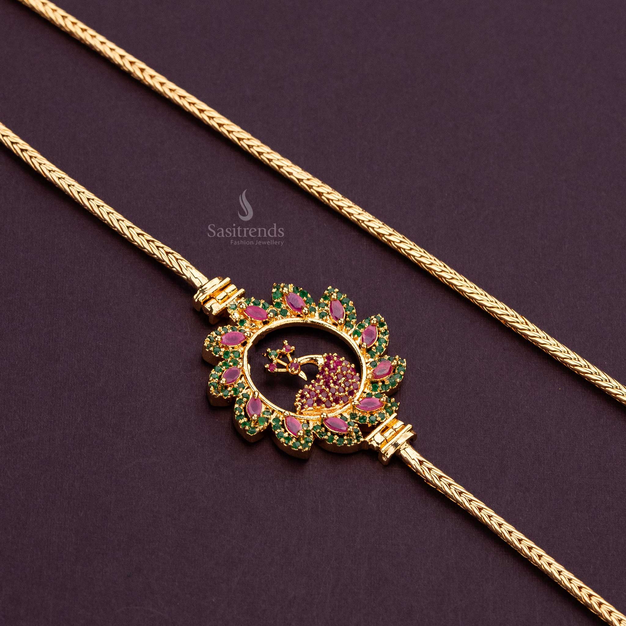 Guaranteed One Gram Micro Gold Plated Circular Flower Frame Peacock AD Stone Mugappu Chain - Sasitrends - Image 12
