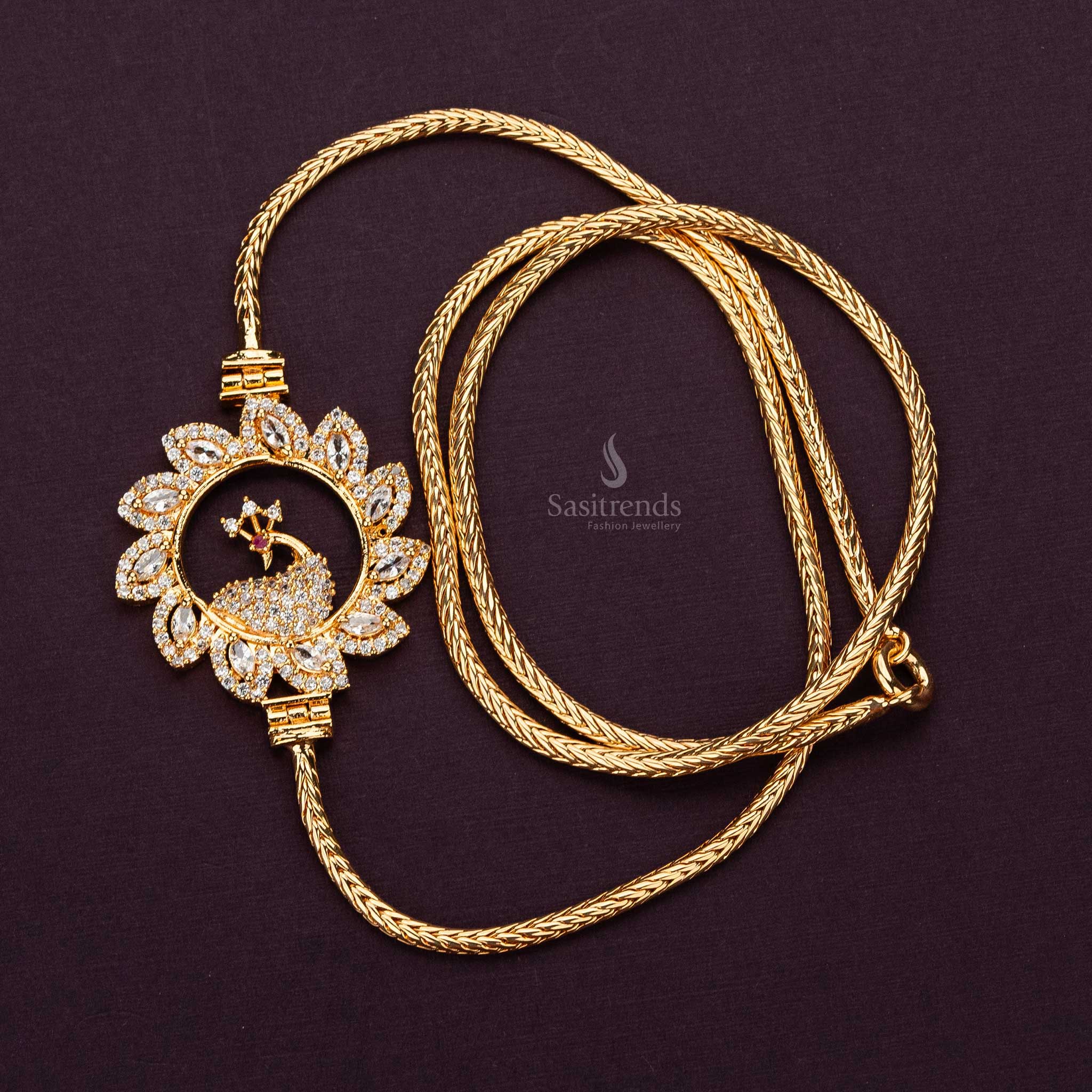 Guaranteed One Gram Micro Gold Plated Circular Flower Frame Peacock AD Stone Mugappu Chain - Sasitrends - Image 8