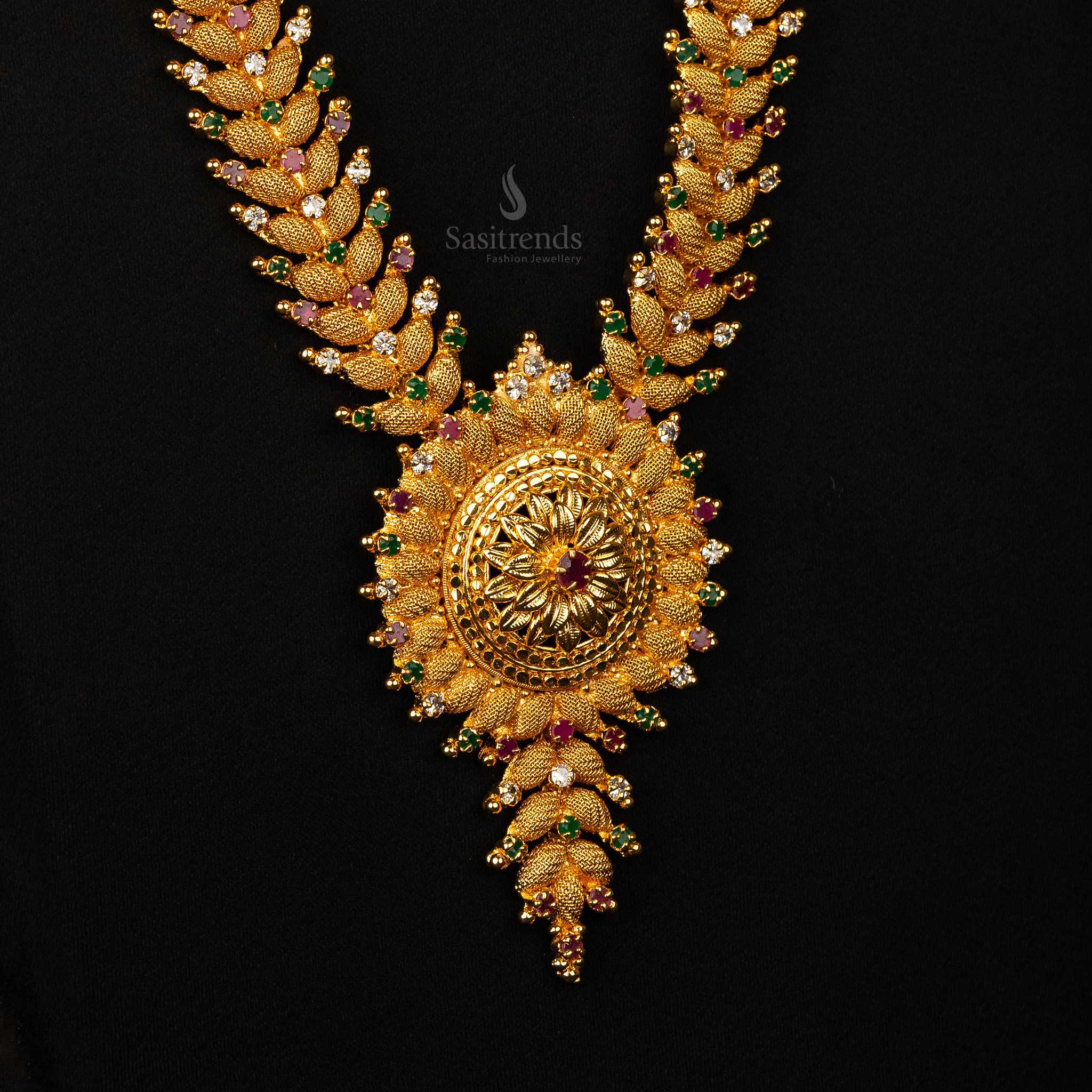 One Gram Micro Gold-Plated Floral Pendant Long Haram Necklace with AD Stones & Golden Ball Hangings - Sasitrends - Image 4
