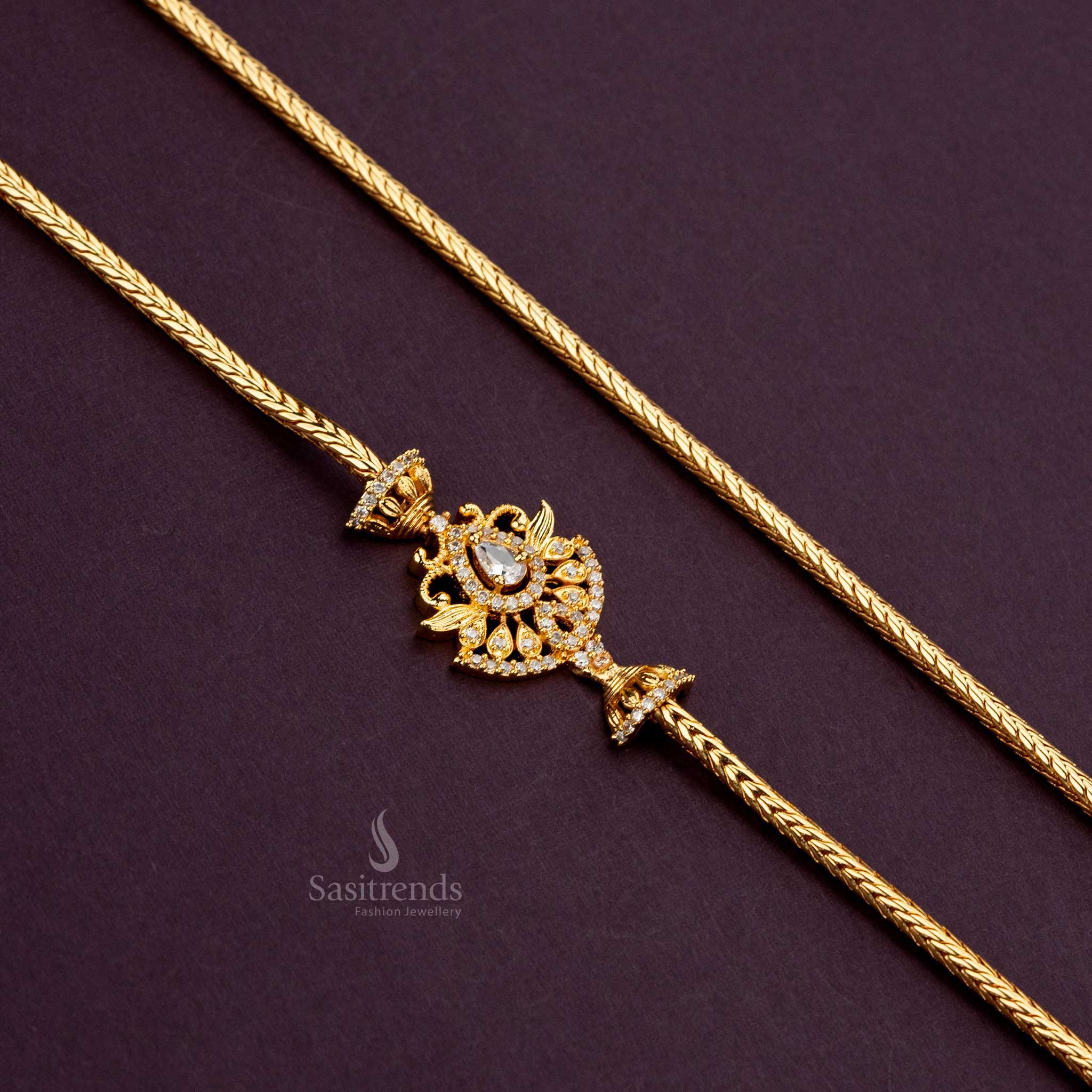 One Gram Micro Gold Plated AD Stone Leaf Pattern Water Drop Stone Mugappu Chain - Sasitrends - Image 2