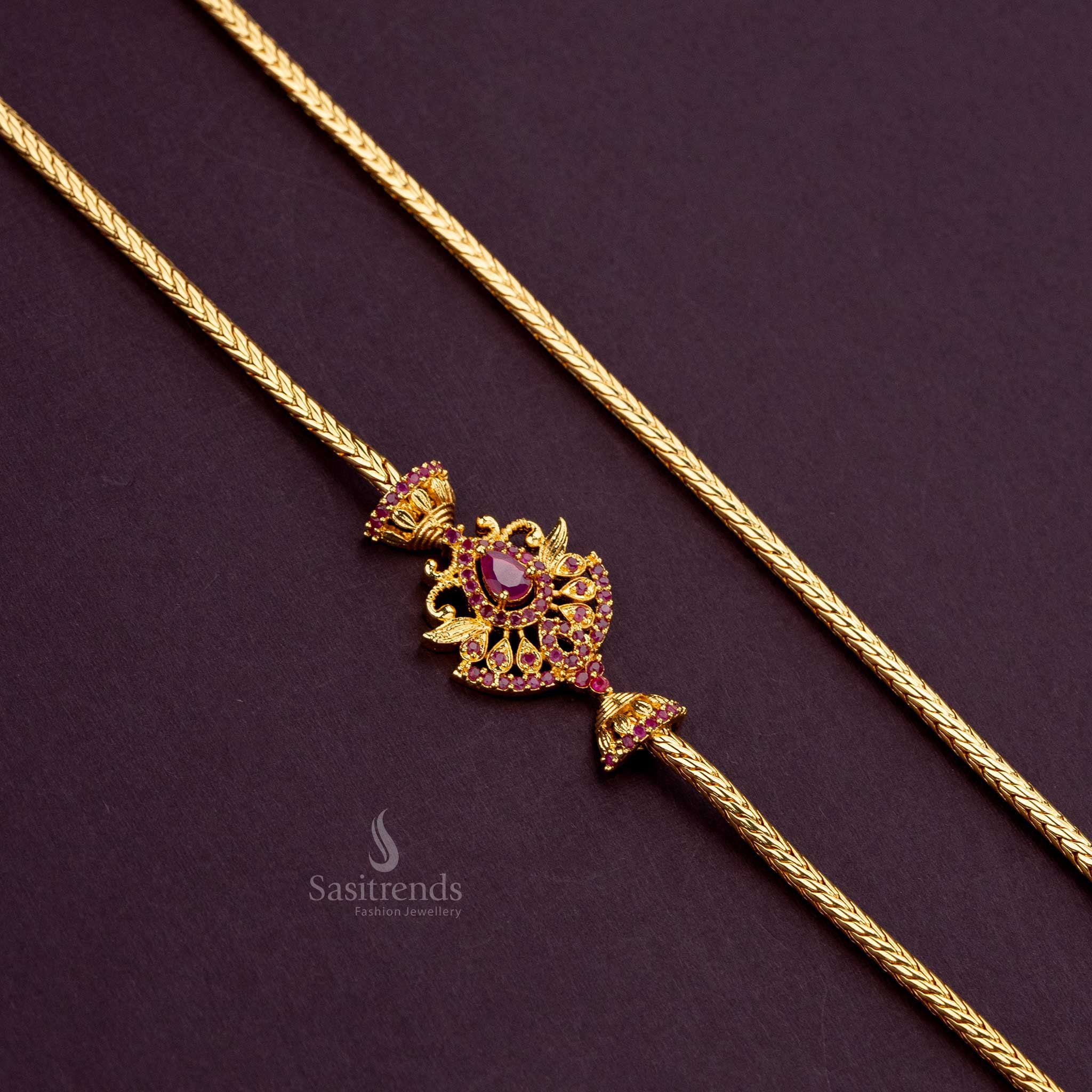 One Gram Micro Gold Plated AD Stone Leaf Pattern Water Drop Stone Mugappu Chain - Sasitrends - Image 6