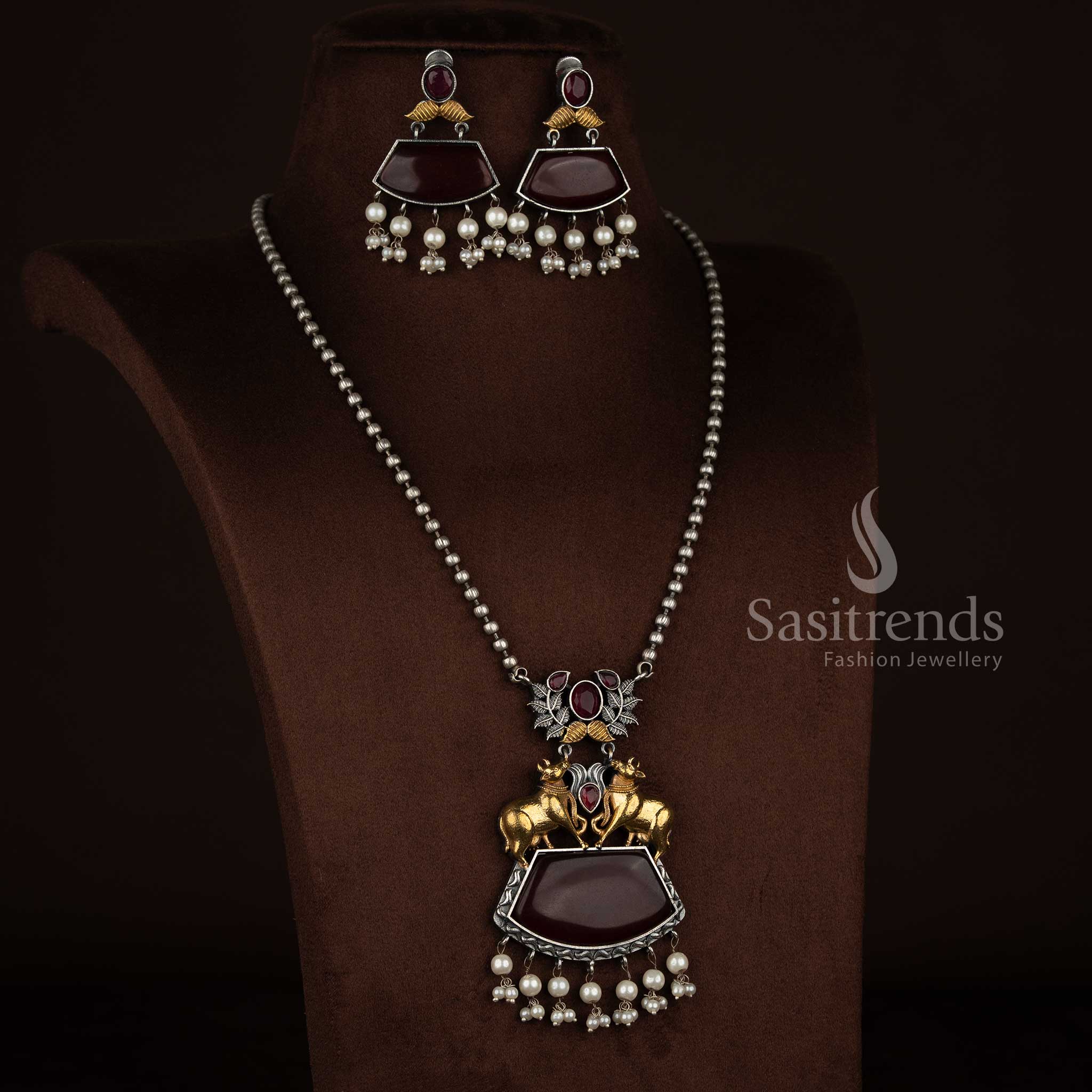 Antique Oxidised 92.5 Silver Plated Dual-Tone Cow/Kamadhenu Leaf Statement Long Necklace Jewellery Set with Trapezoid Stones & Pearl Pendant Bead Chain for Ethnic Wear - Image 6