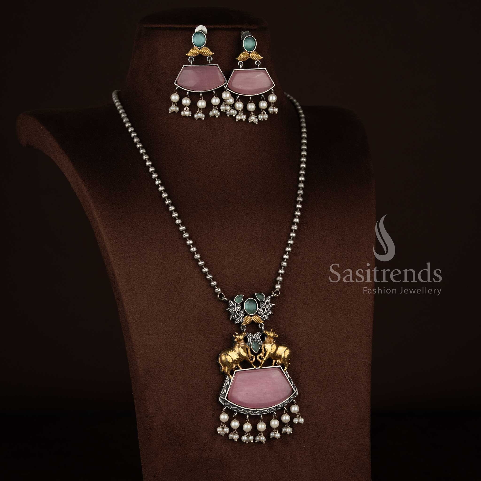 Antique Oxidised 92.5 Silver Plated Dual-Tone Cow/Kamadhenu Leaf Statement Long Necklace Jewellery Set with Trapezoid Stones & Pearl Pendant Bead Chain for Ethnic Wear - Image 8